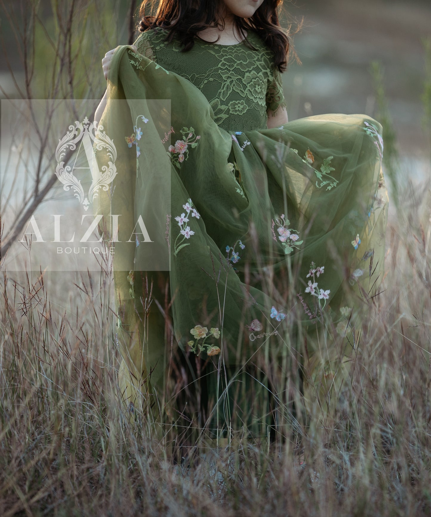 Olive Green Short Sleeves Floral Embroidered Tulle Flower Girl