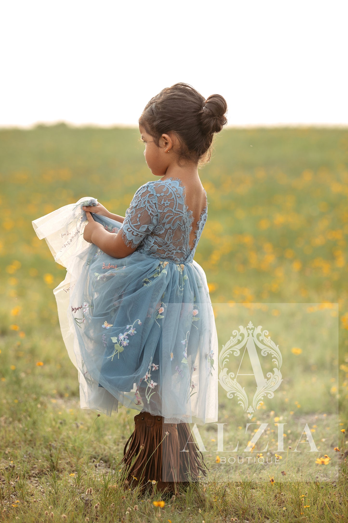 Blue Grey Knee Length  Floral Embroidered Tulle Flower Girl