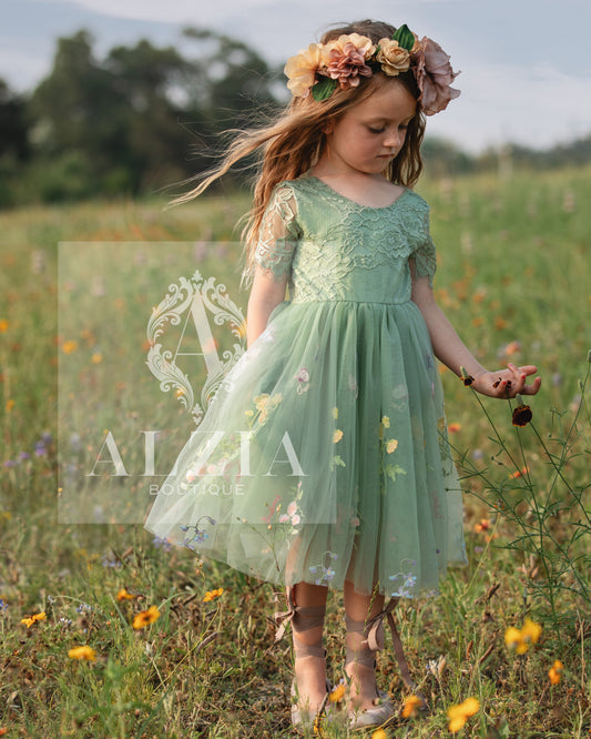 Sage Knee Length  Floral Embroidered Tulle Flower Girl