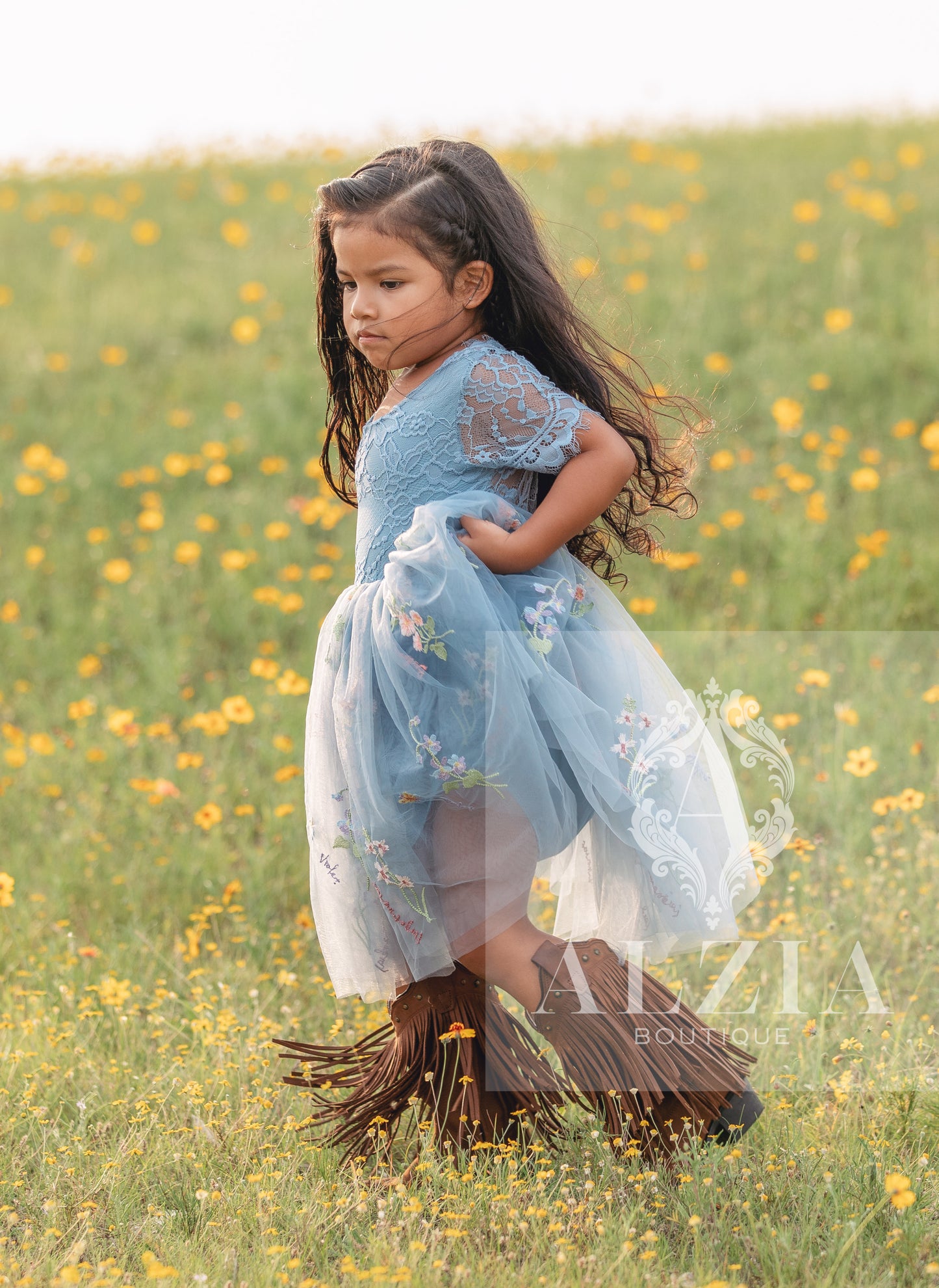 Blue Grey Knee Length  Floral Embroidered Tulle Flower Girl