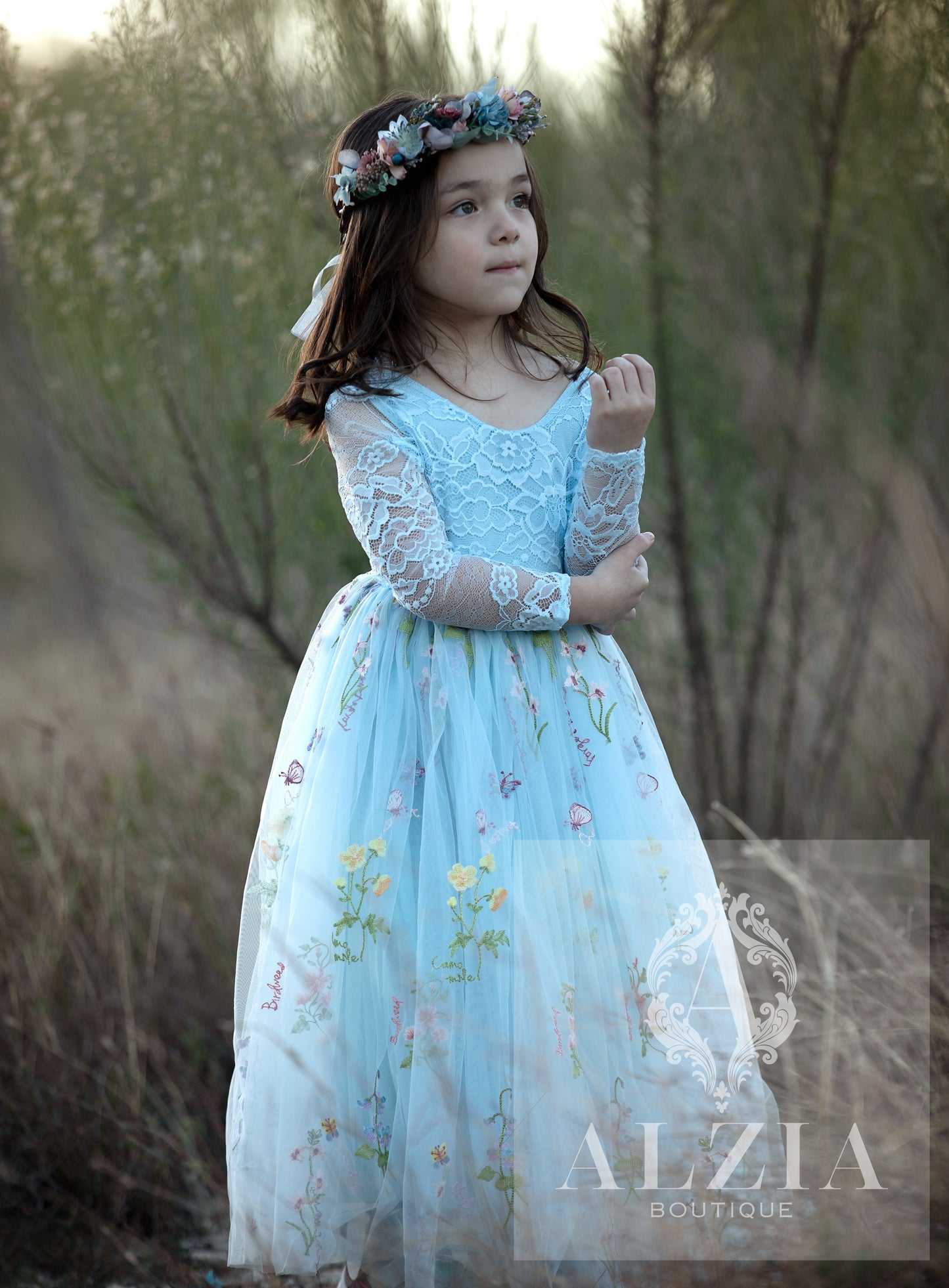 Light BLue Long Sleeves Floral Embroidered Tulle Flower Girl