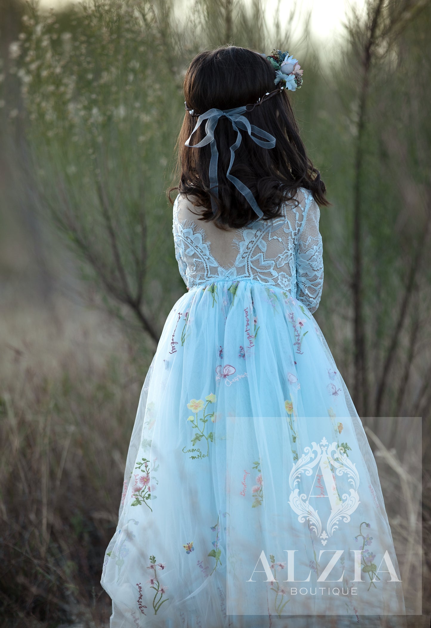 Light BLue Long Sleeves Floral Embroidered Tulle Flower Girl