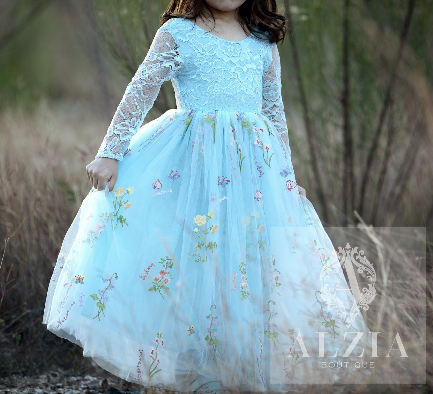 Light BLue Long Sleeves Floral Embroidered Tulle Flower Girl