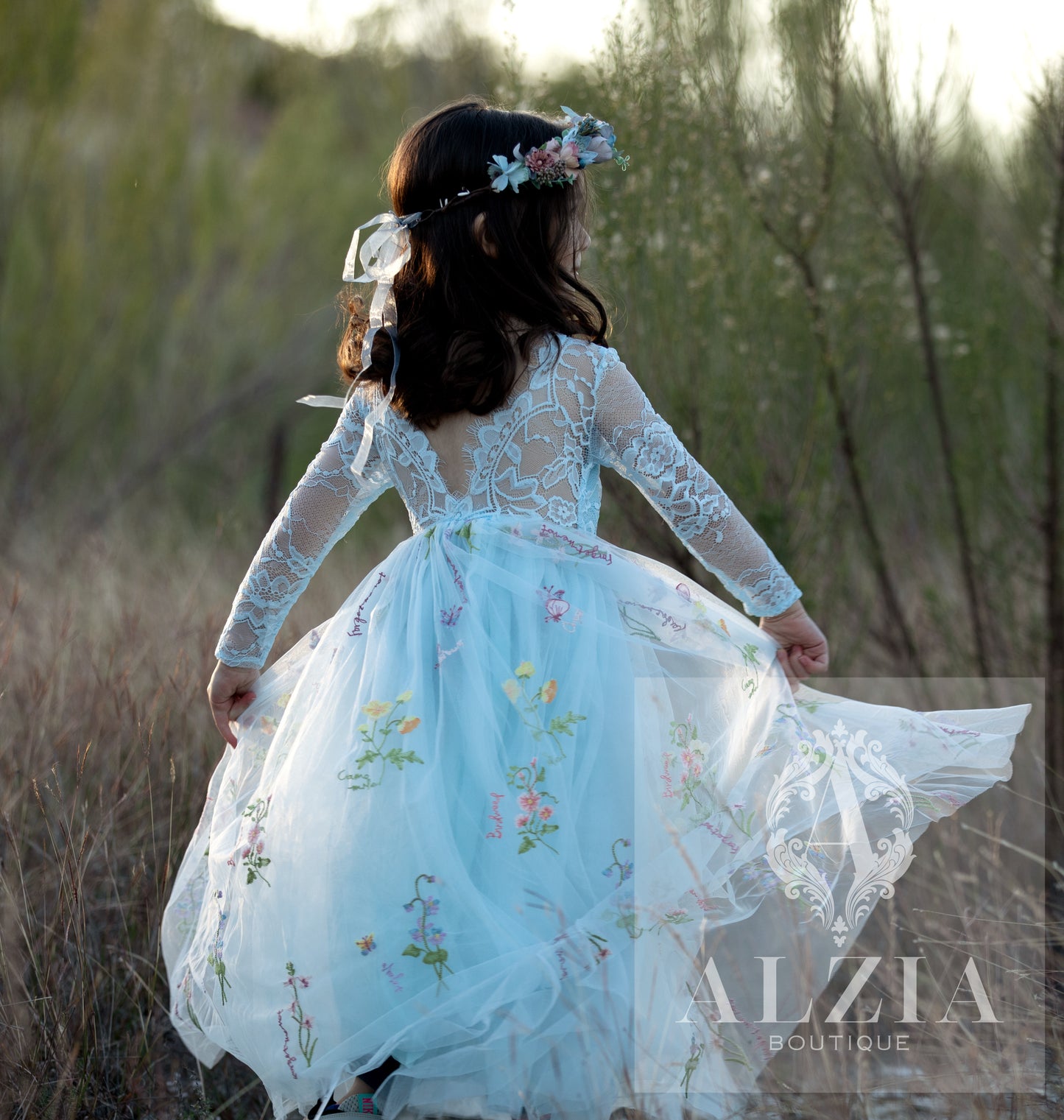 Light BLue Long Sleeves Floral Embroidered Tulle Flower Girl