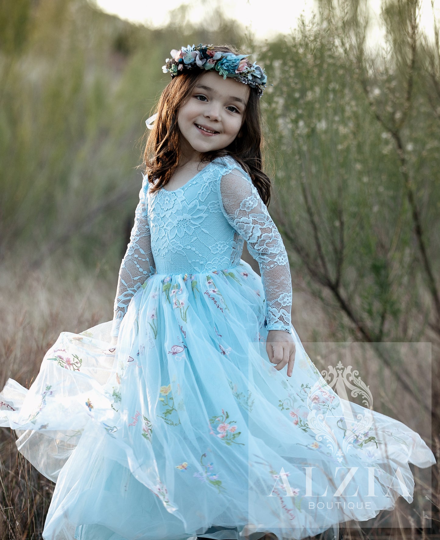 Light BLue Long Sleeves Floral Embroidered Tulle Flower Girl