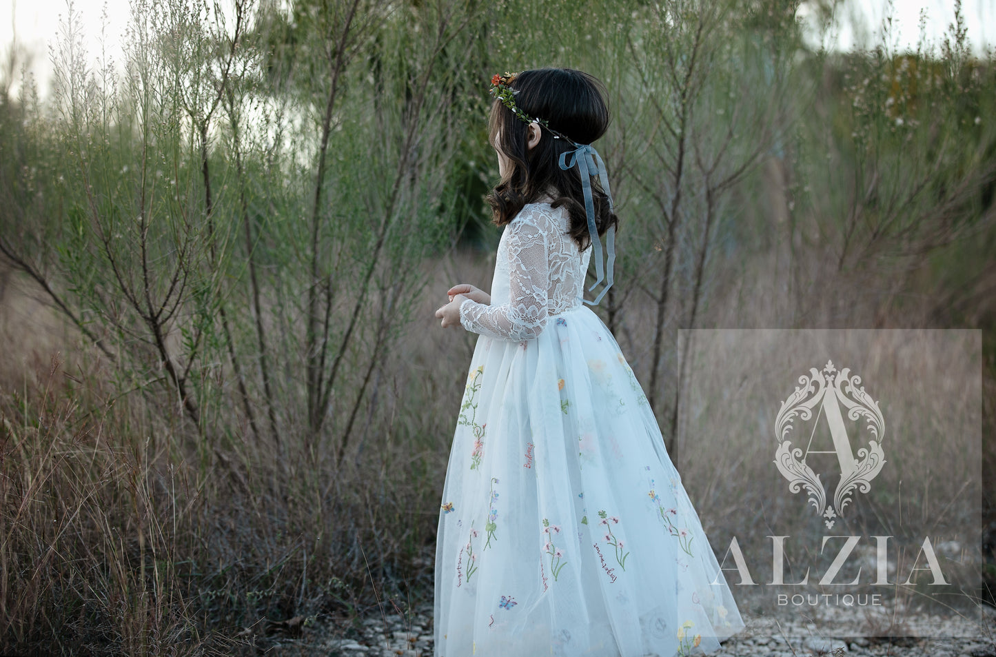 White Long Sleeves Floral Embroidered Tulle Flower Girl