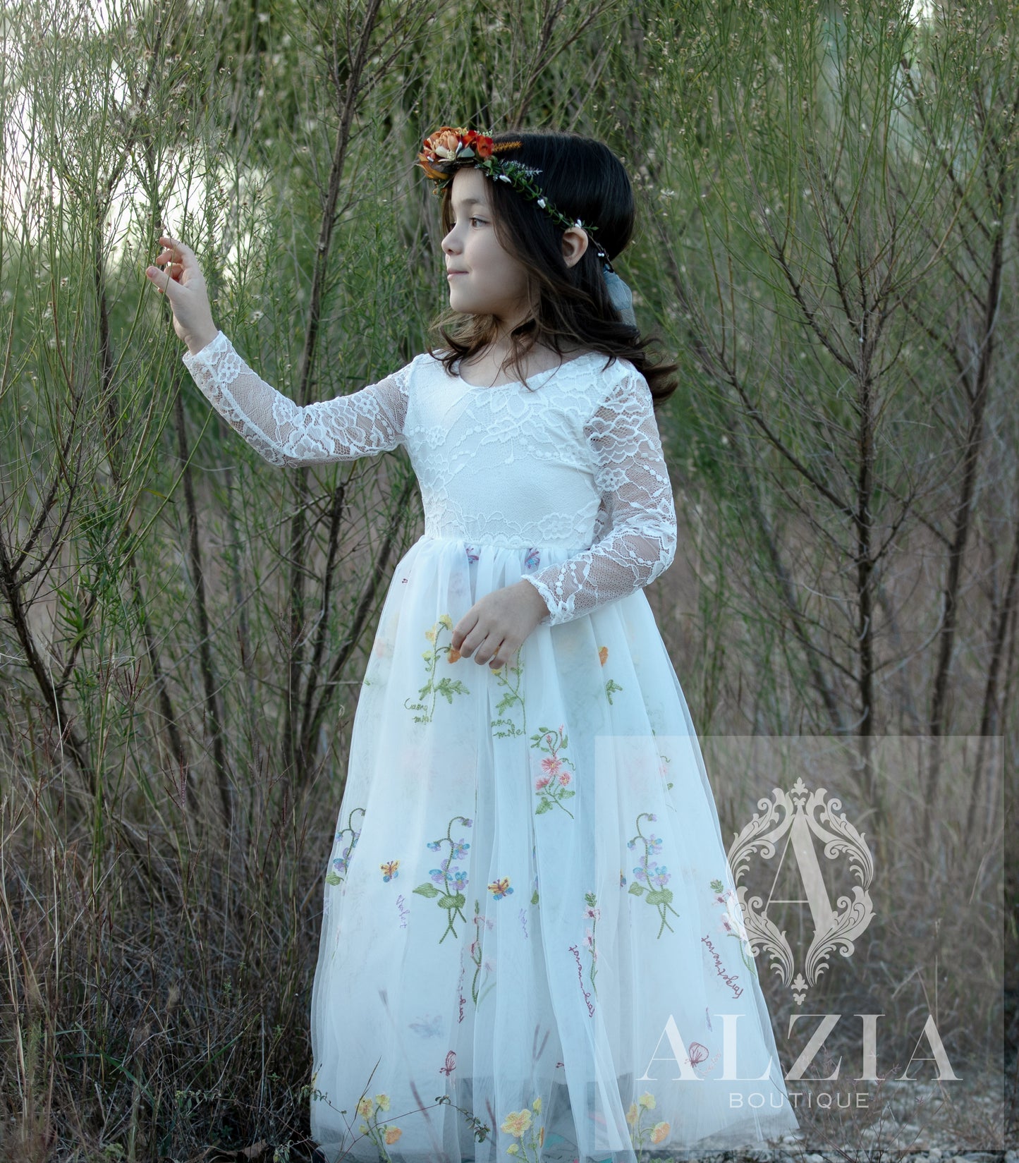 White Long Sleeves Floral Embroidered Tulle Flower Girl