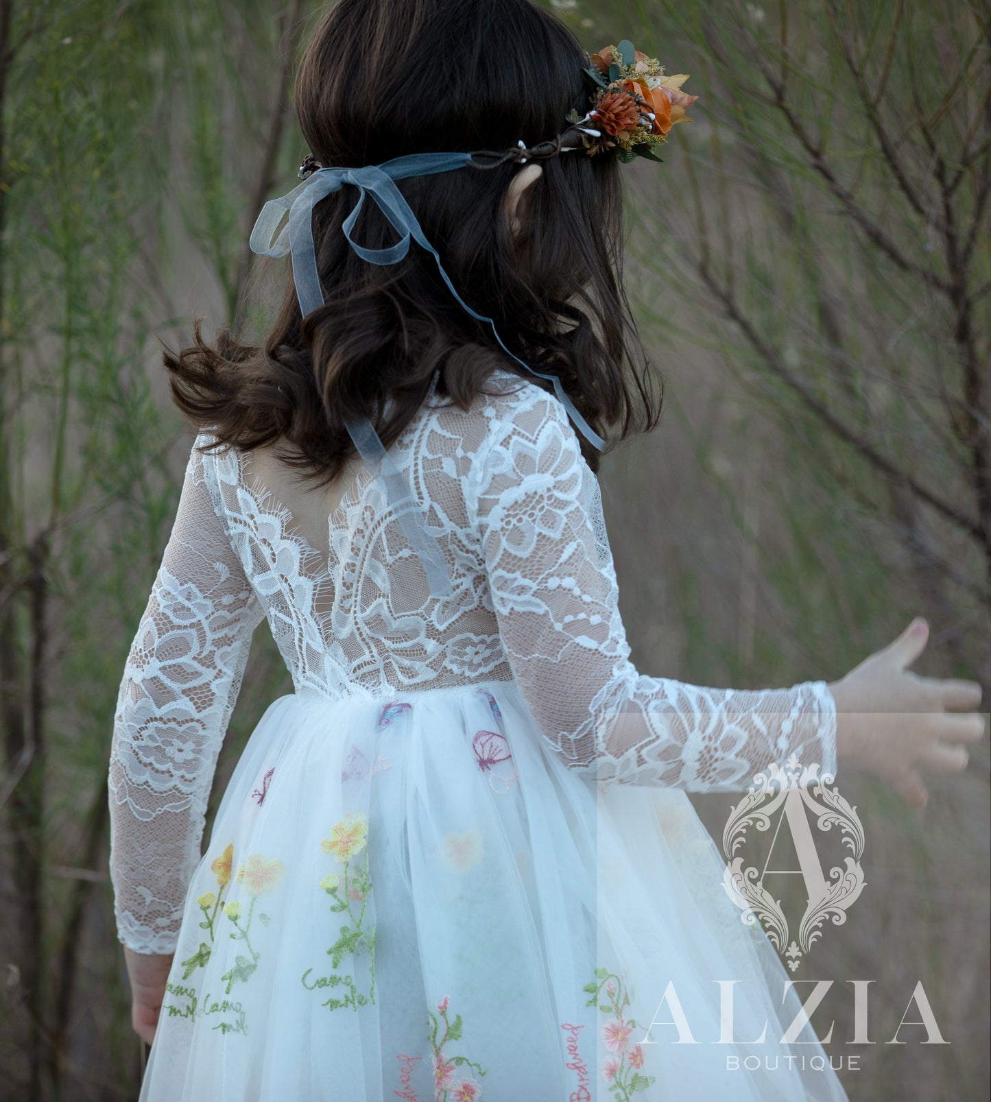 White Long Sleeves Floral Embroidered Tulle Flower Girl