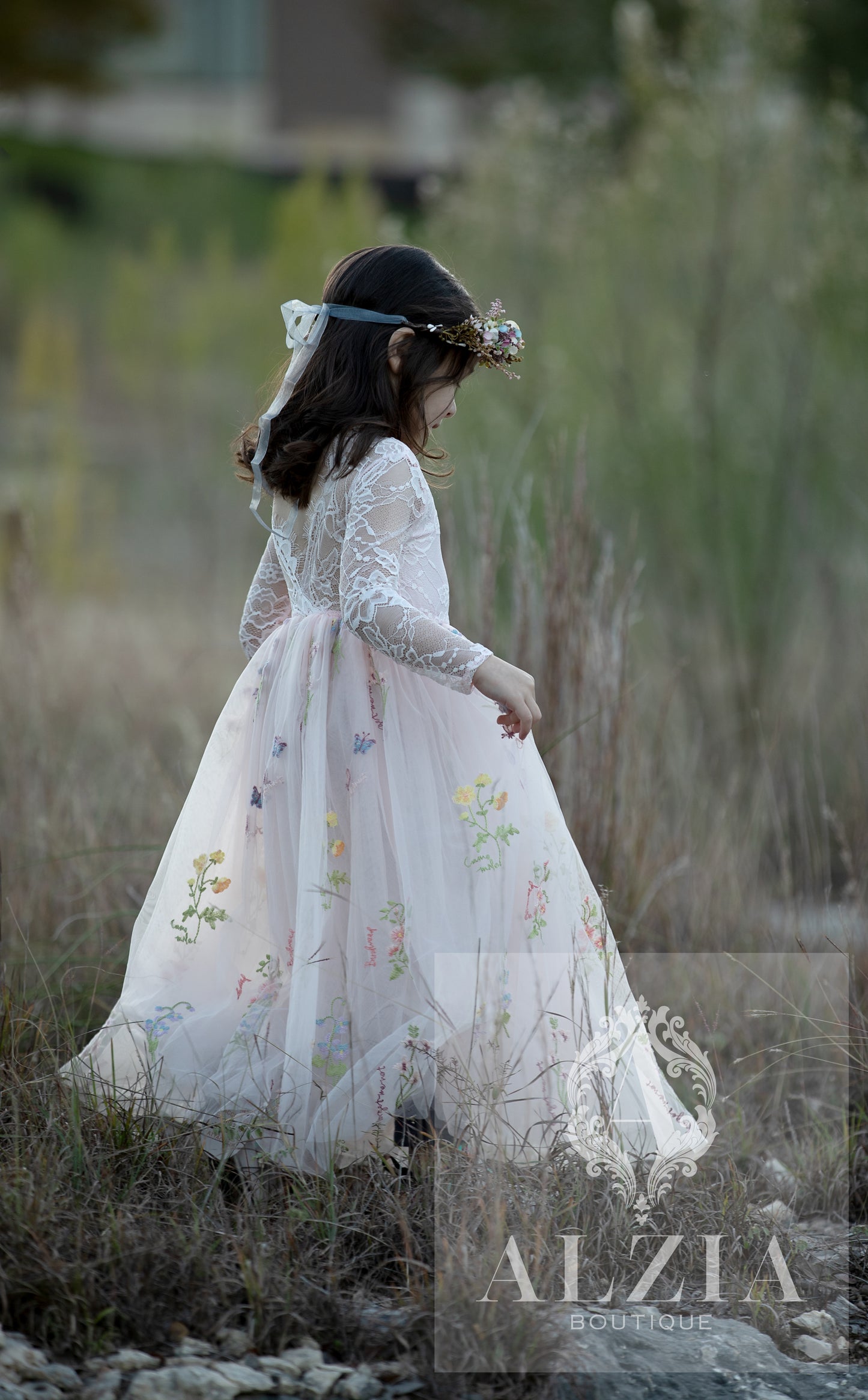 Pink Long Sleeves Floral Embroidered Tulle Flower Girl