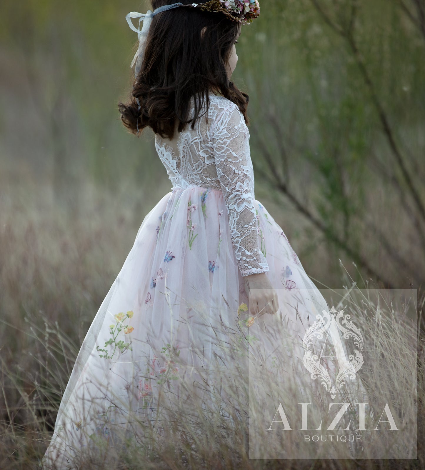 Pink Long Sleeves Floral Embroidered Tulle Flower Girl