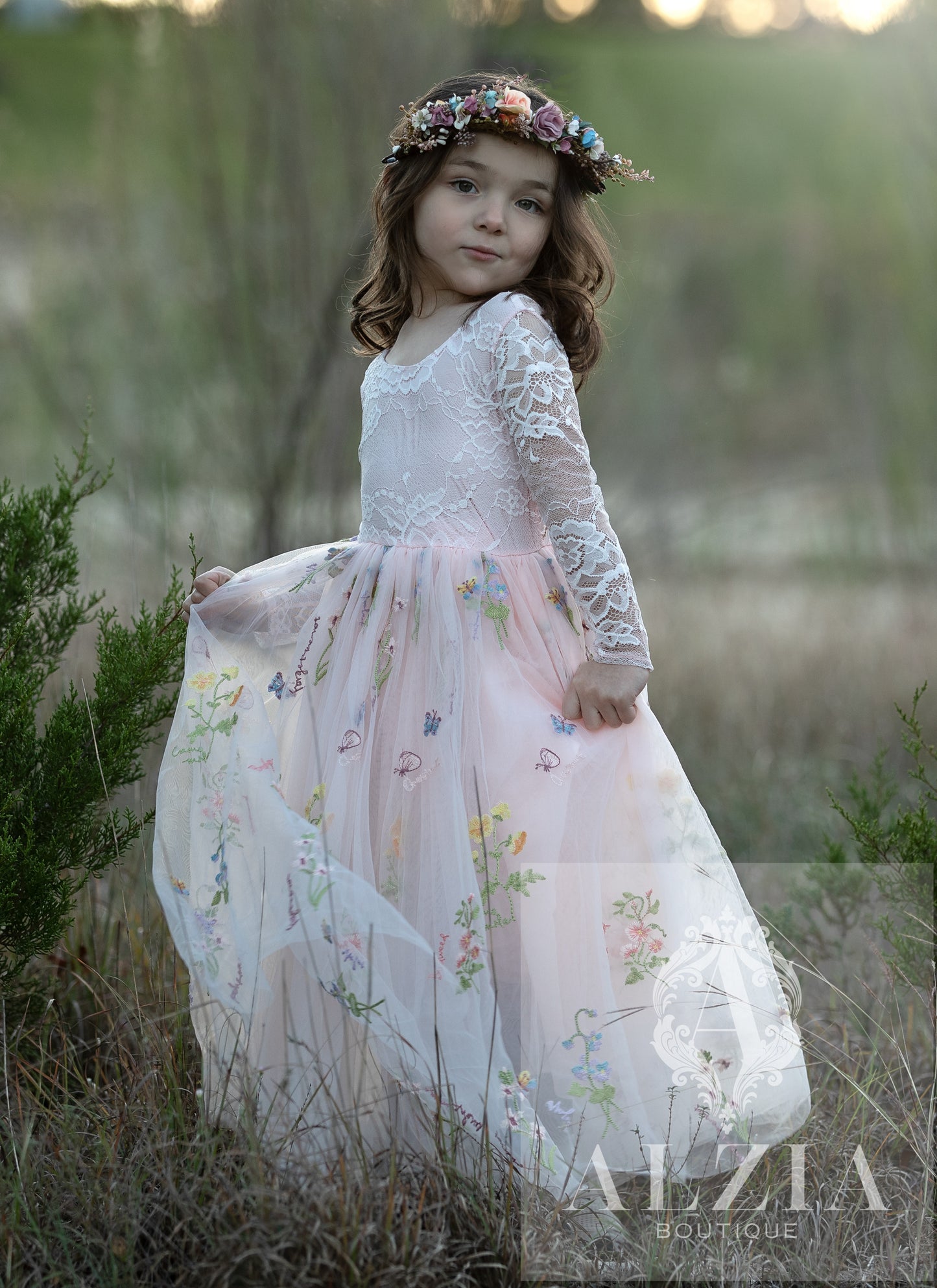 Pink Long Sleeves Floral Embroidered Tulle Flower Girl