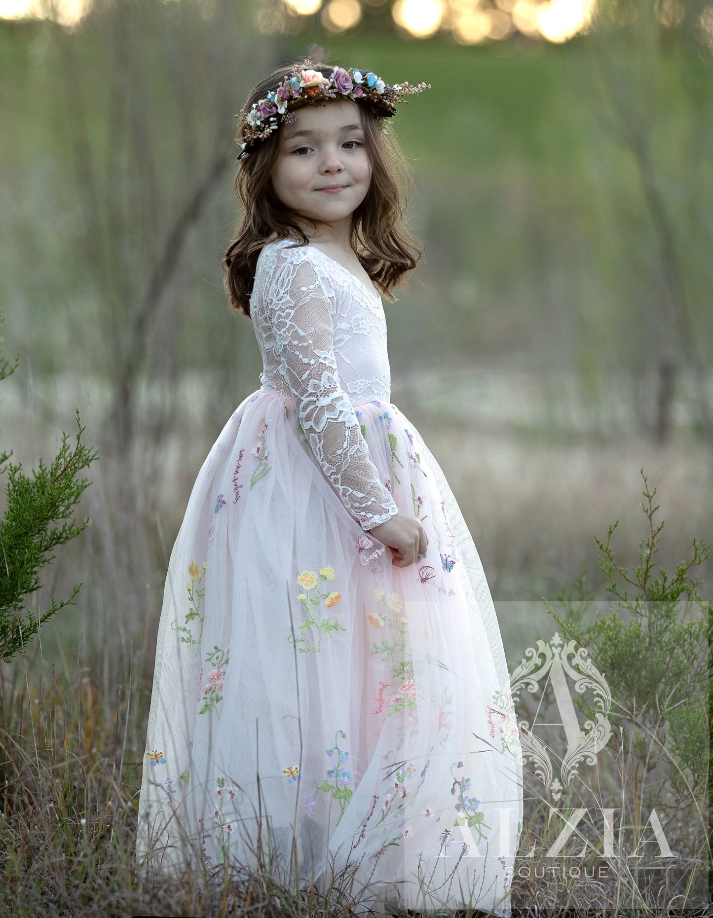 Pink Long Sleeves Floral Embroidered Tulle Flower Girl