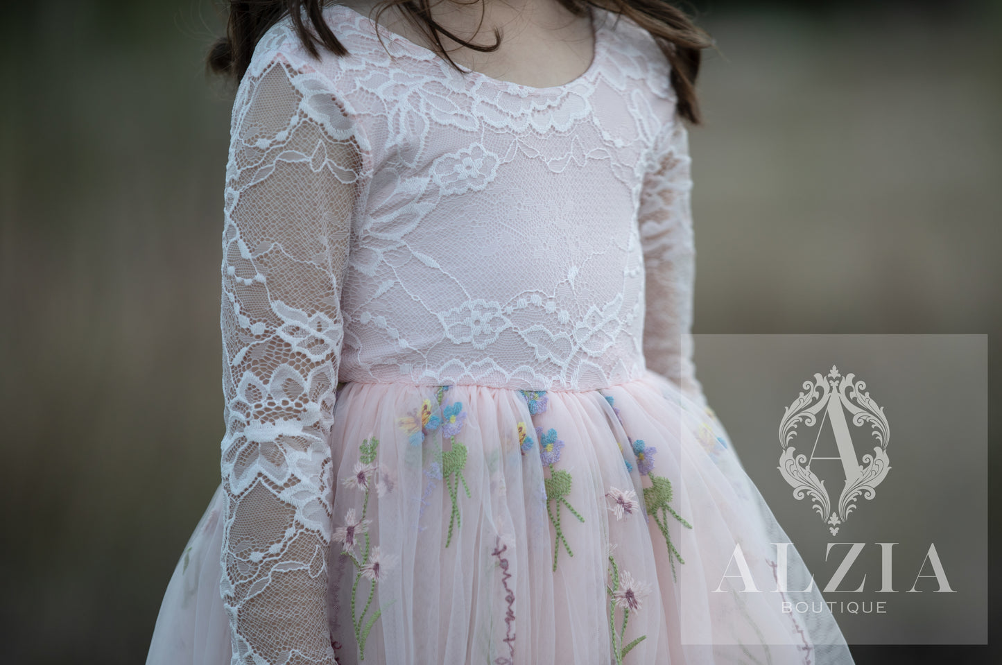 Pink Long Sleeves Floral Embroidered Tulle Flower Girl