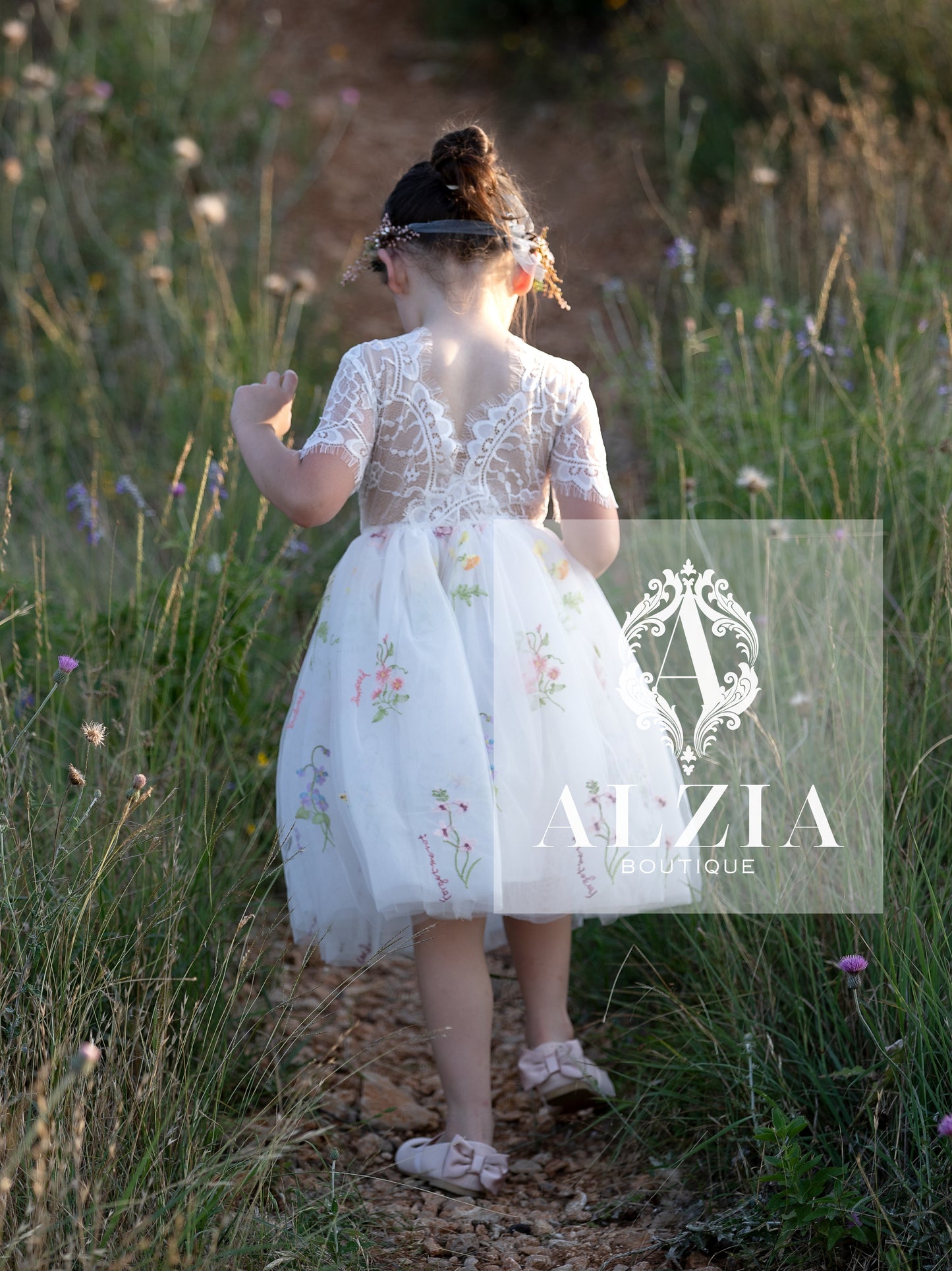 White  Knee Length  Floral Embroidered Tulle Flower Girl