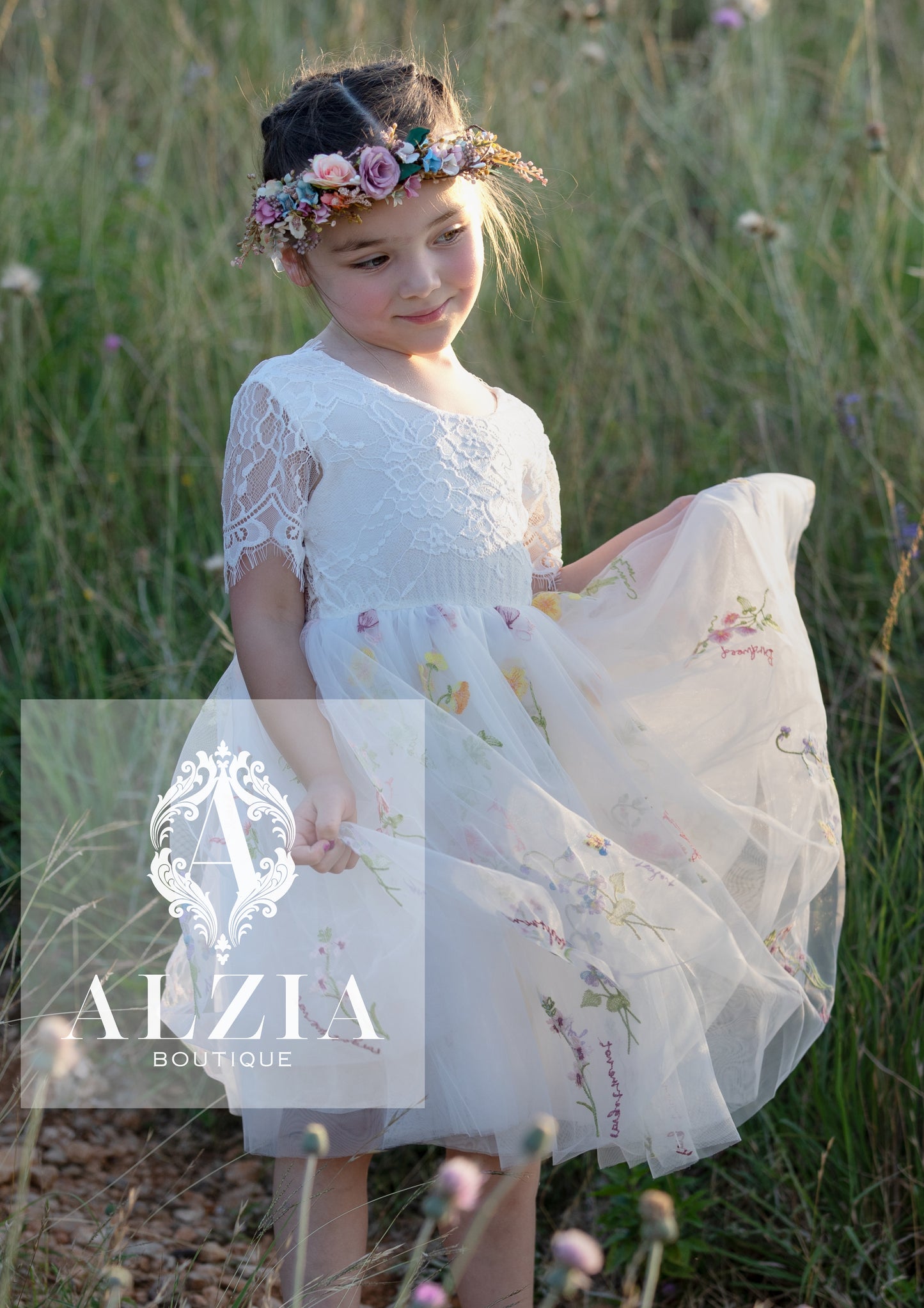 White  Knee Length  Floral Embroidered Tulle Flower Girl