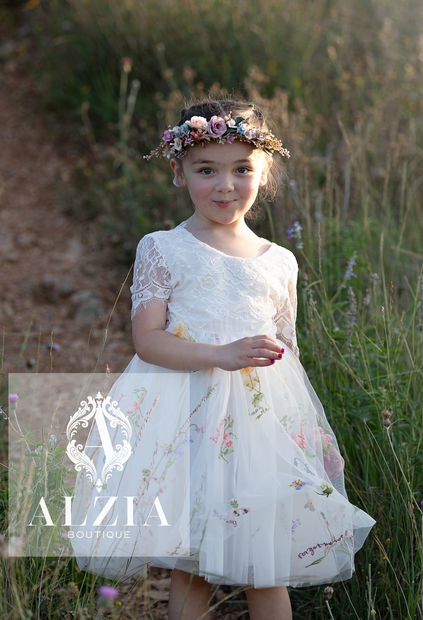 White  Knee Length  Floral Embroidered Tulle Flower Girl