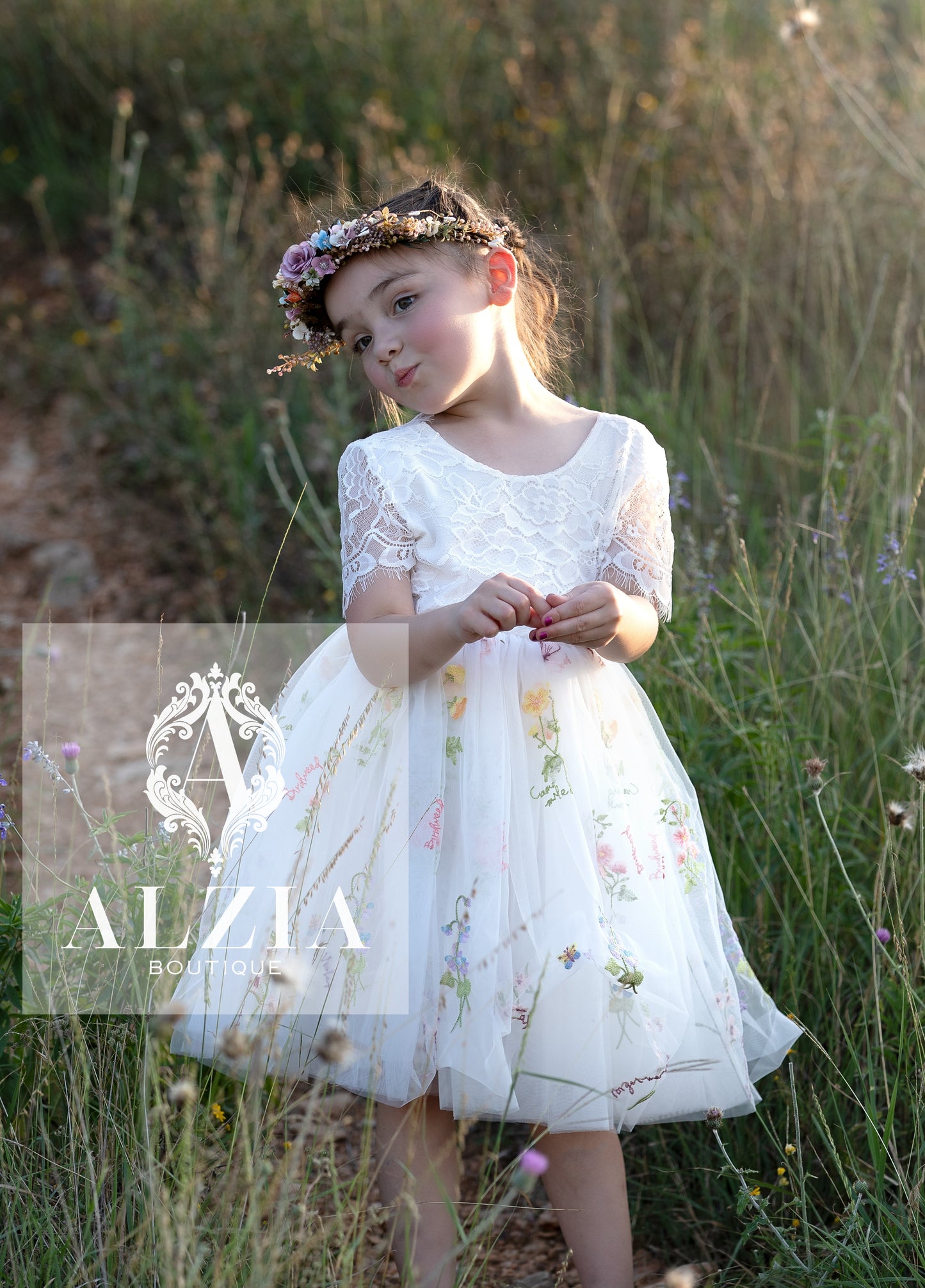 White  Knee Length  Floral Embroidered Tulle Flower Girl