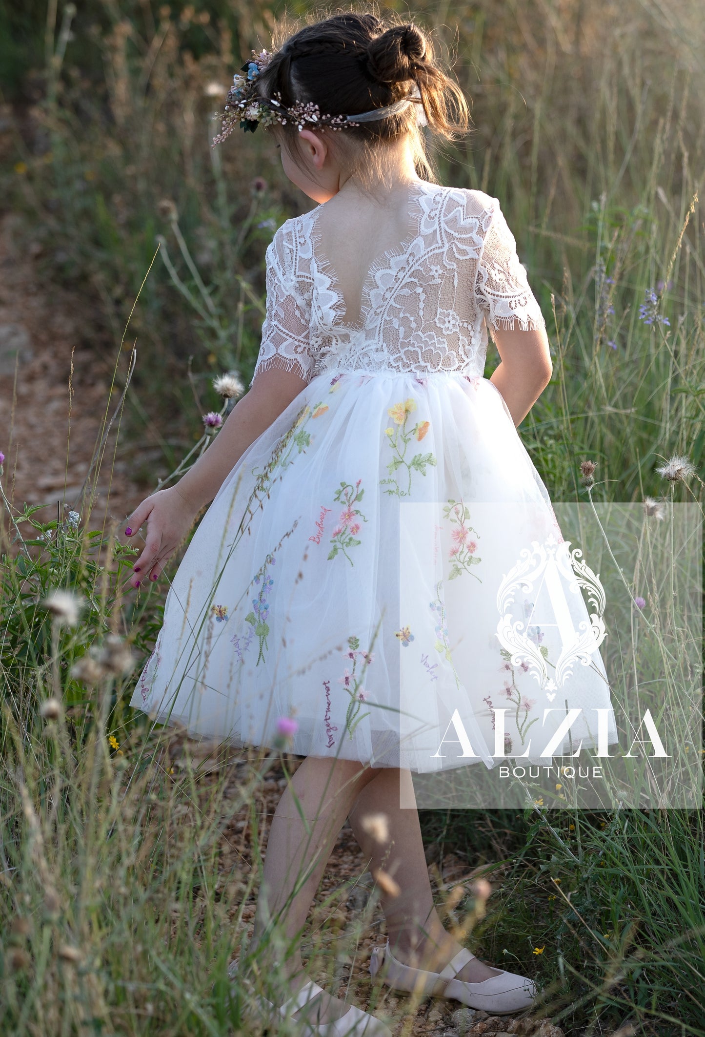 White  Knee Length  Floral Embroidered Tulle Flower Girl