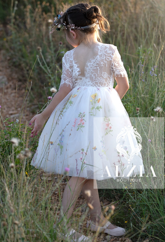 White  Knee Length  Floral Embroidered Tulle Flower Girl