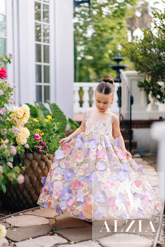 Champagne 3D Floral Tulle Flower Girl Dress – Spring Garden Collection
