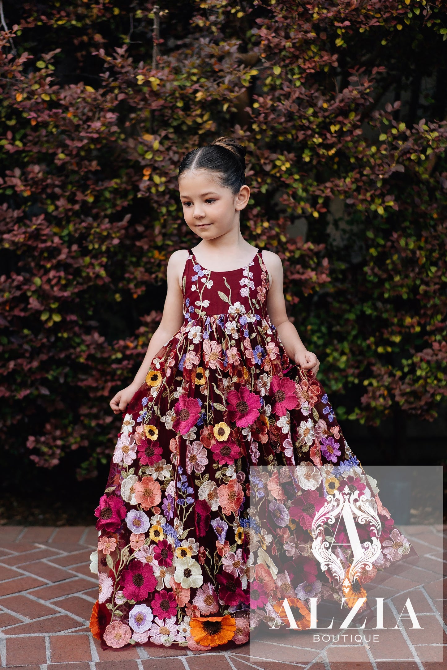 Wine 3D Floral Tulle Flower Girl Dress – Spring Garden Collection.