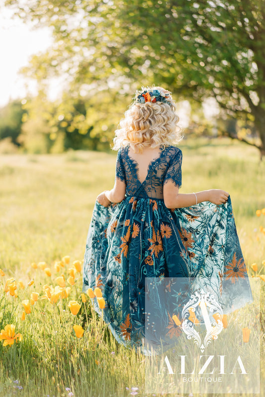Teal Sunflower Flower Girl Dress | Full-Length Short Sleeve Lace Dress for Rustic, Boho, Outdoor Weddings