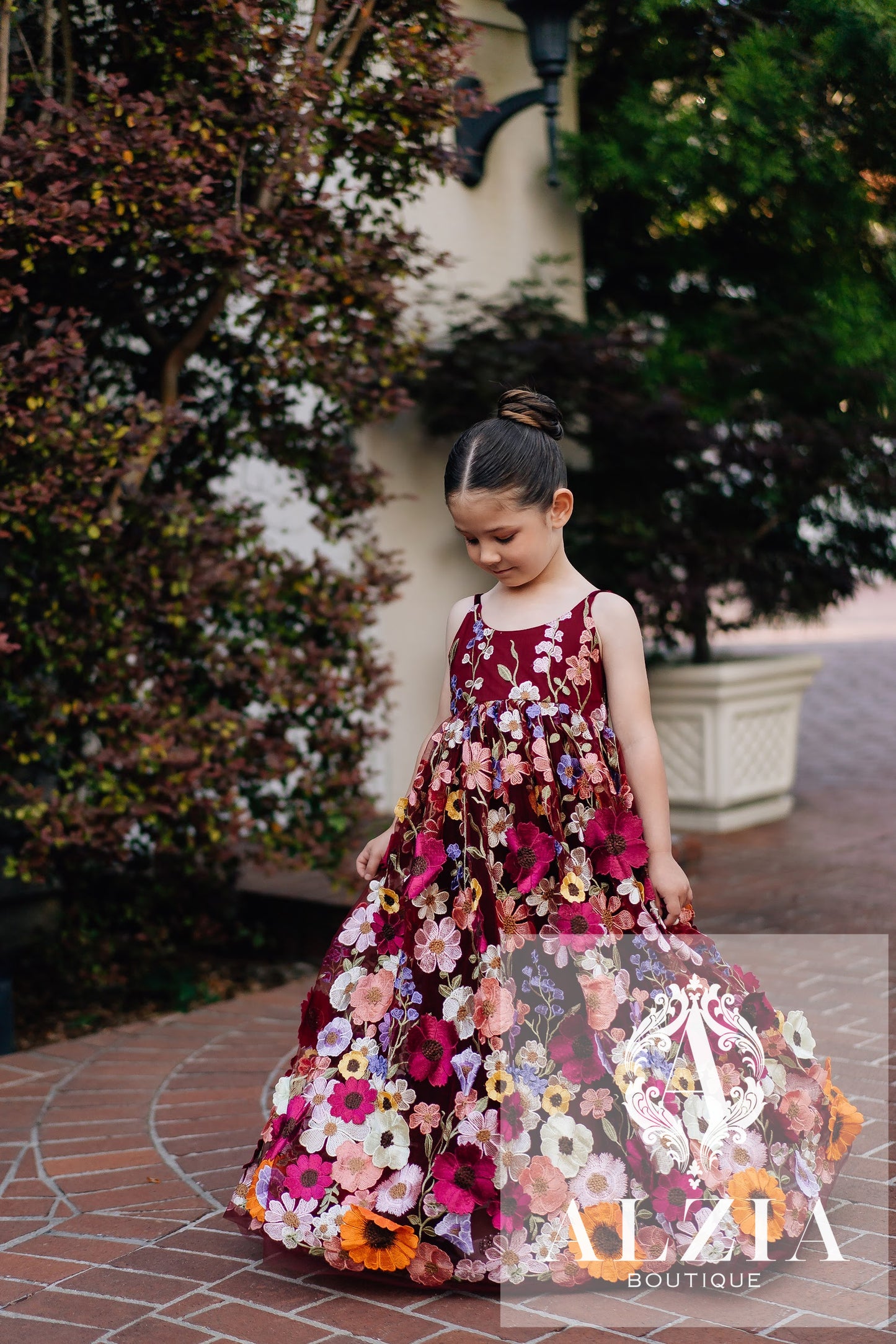 Wine 3D Floral Tulle Flower Girl Dress – Spring Garden Collection.