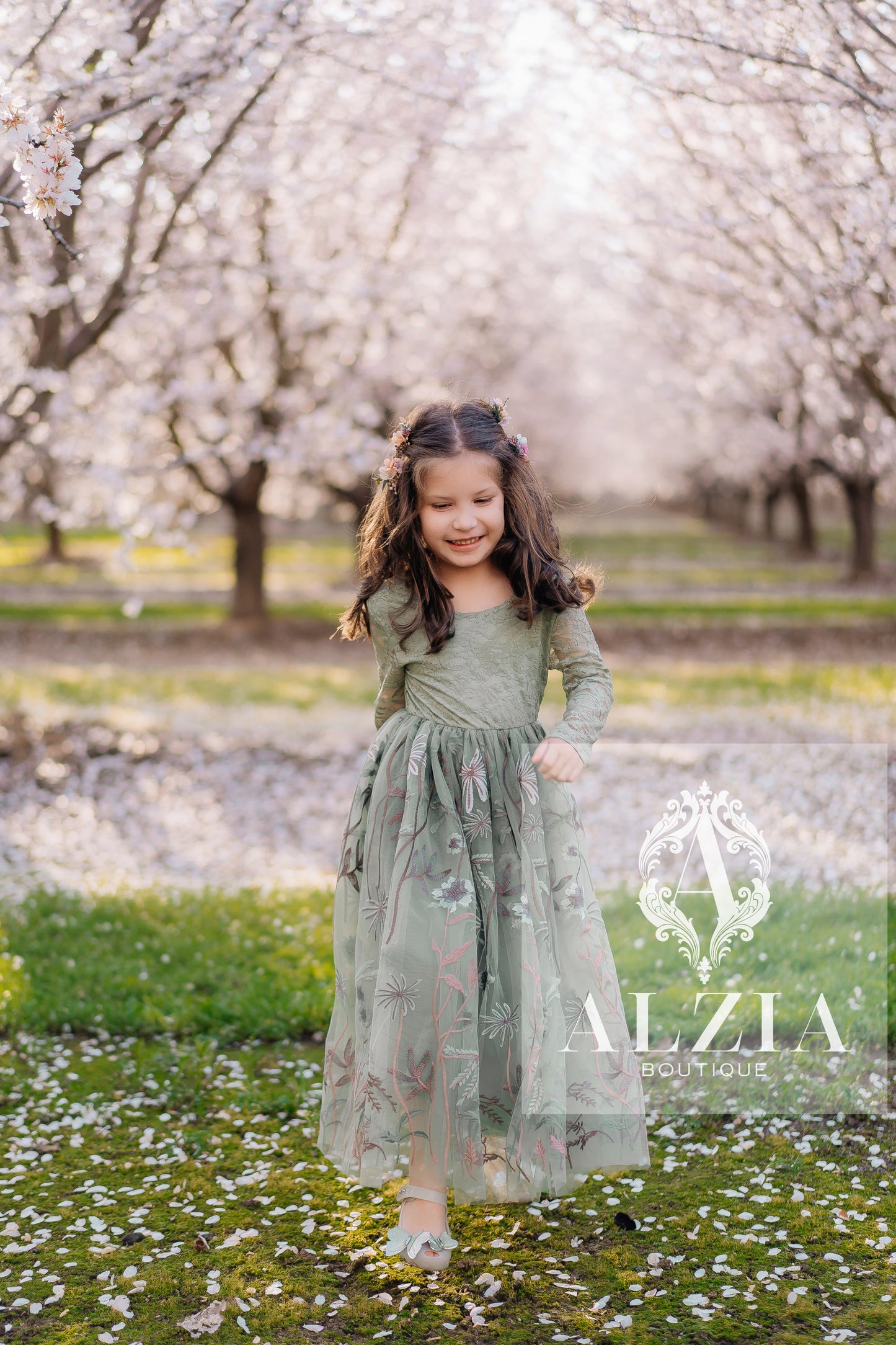 Dusty Sage Floral Embroidered Tulle Flower Girl Dress