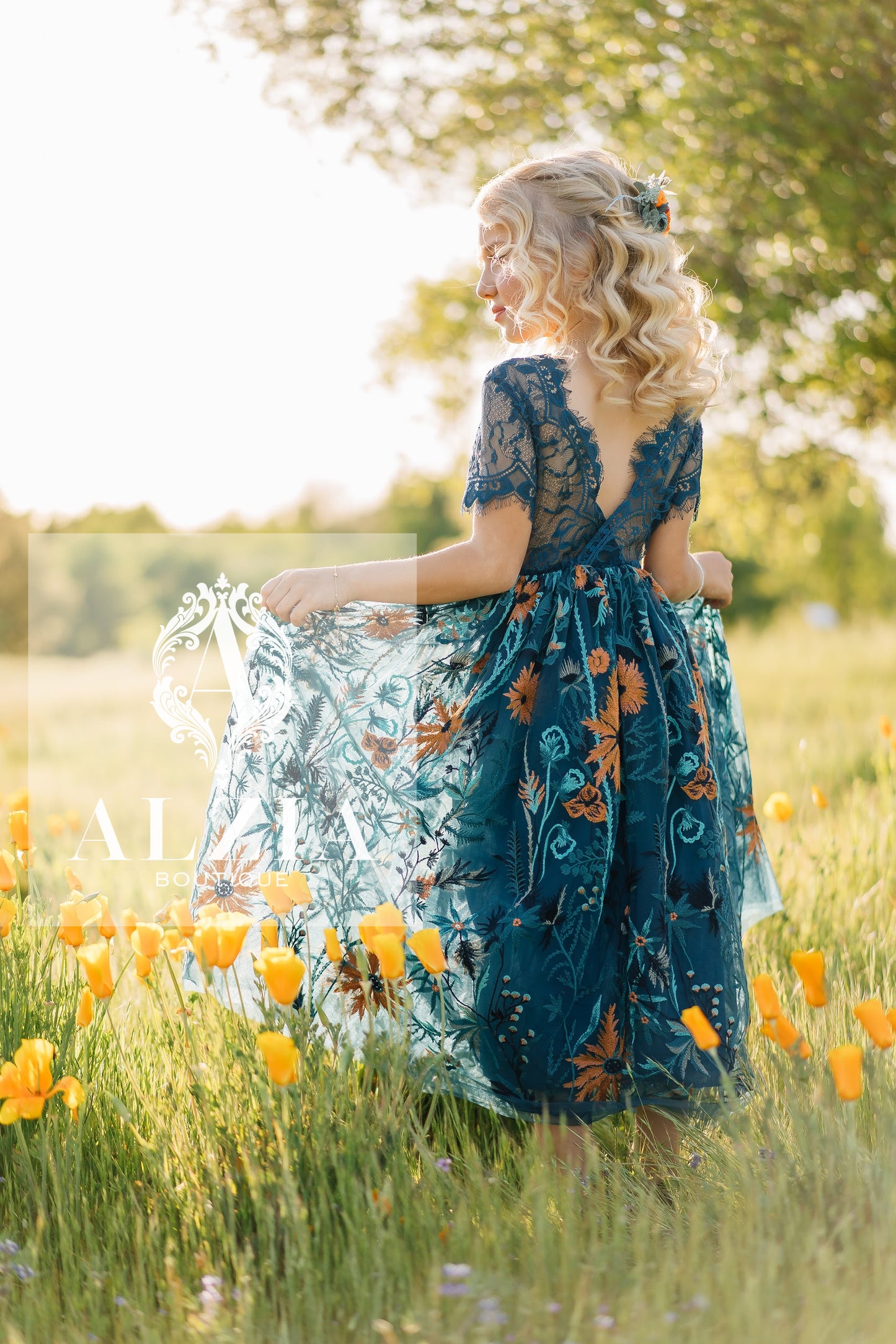 Teal Sunflower Flower Girl Dress | Full-Length Short Sleeve Lace Dress for Rustic, Boho, Outdoor Weddings