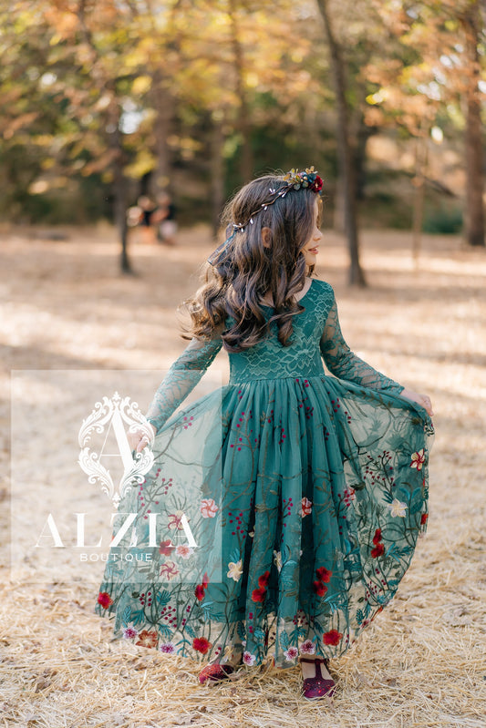 Teal Floral Embroidered Tulle Flower Girl Dress