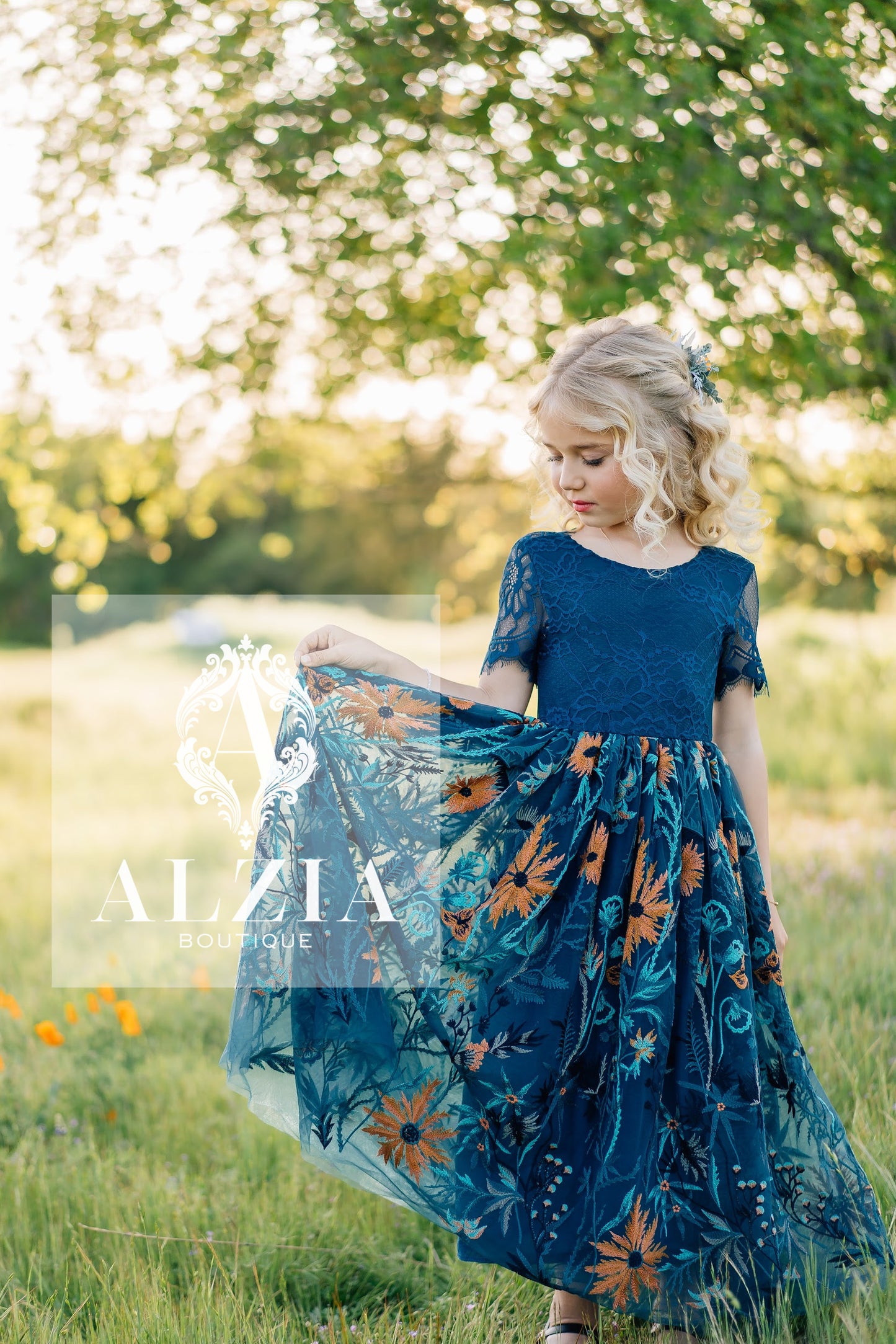 Teal Sunflower Flower Girl Dress | Full-Length Short Sleeve Lace Dress for Rustic, Boho, Outdoor Weddings