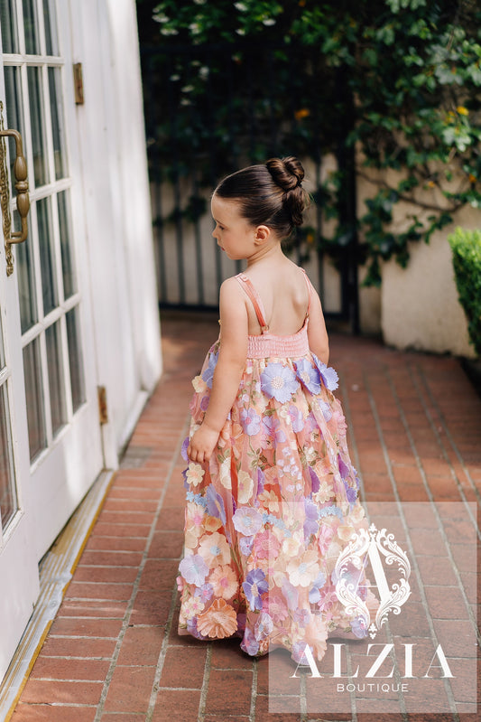 Apricot 3D Floral Tulle Flower Girl Dress – Spring Garden Collection