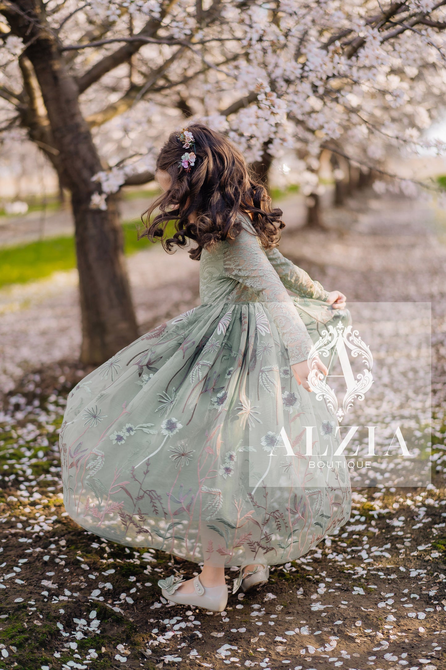 Dusty Sage Floral Embroidered Tulle Flower Girl Dress