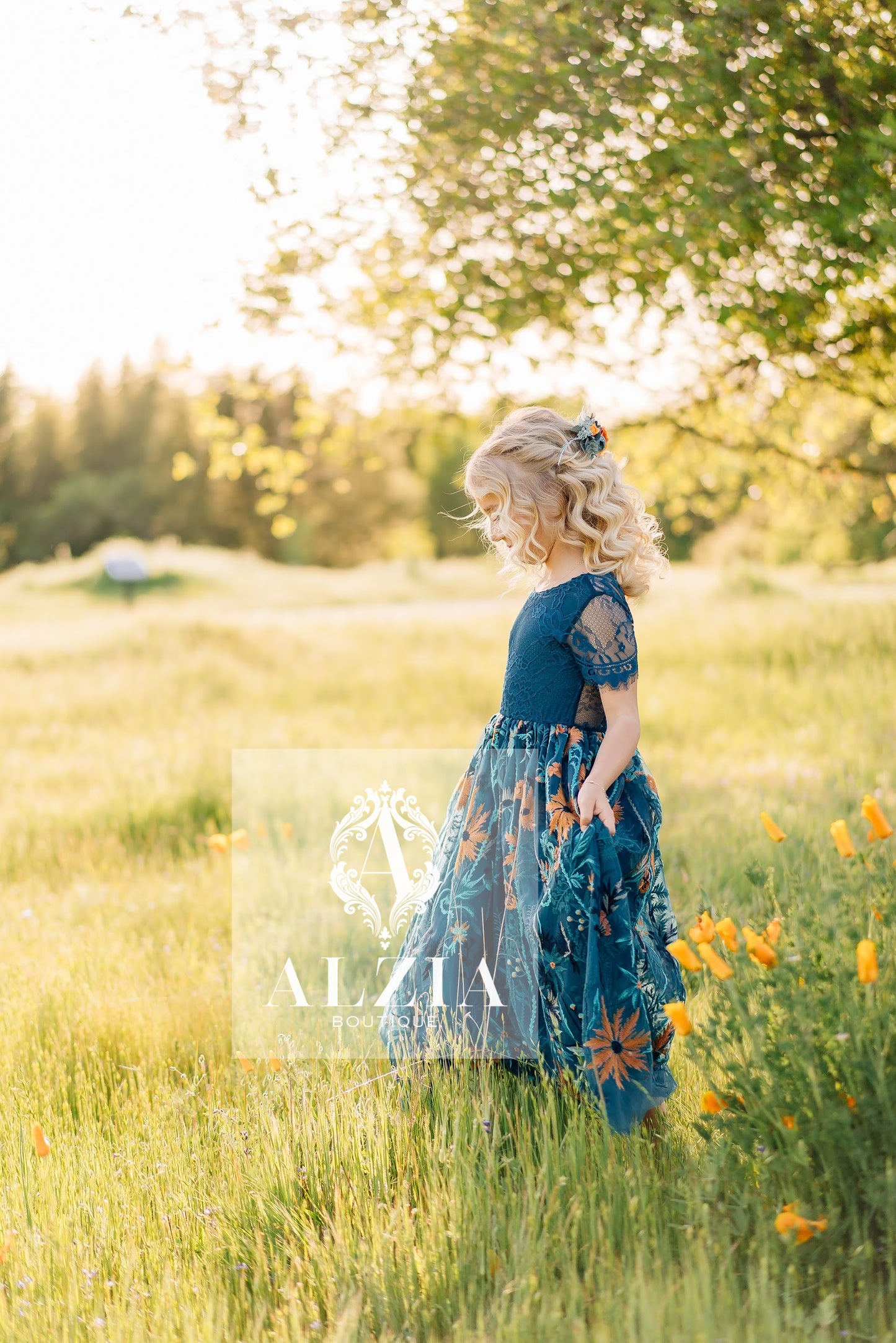 Teal Sunflower Flower Girl Dress | Full-Length Short Sleeve Lace Dress for Rustic, Boho, Outdoor Weddings