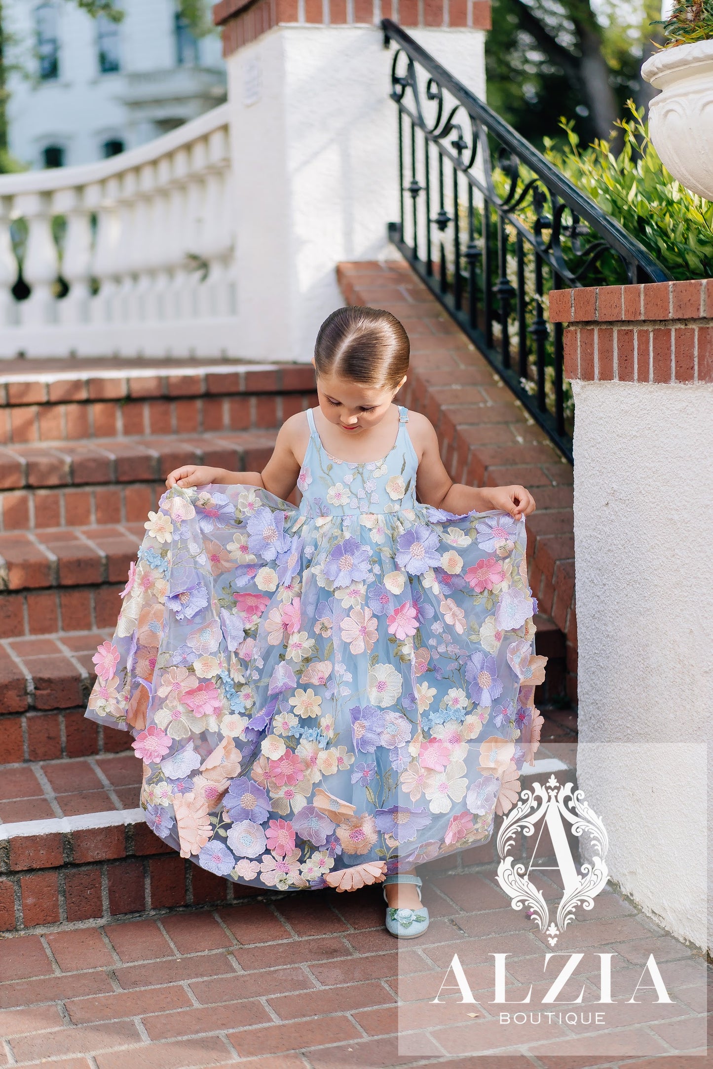 Sky Blue 3D Floral Tulle Flower Girl Dress – Spring Garden Collection