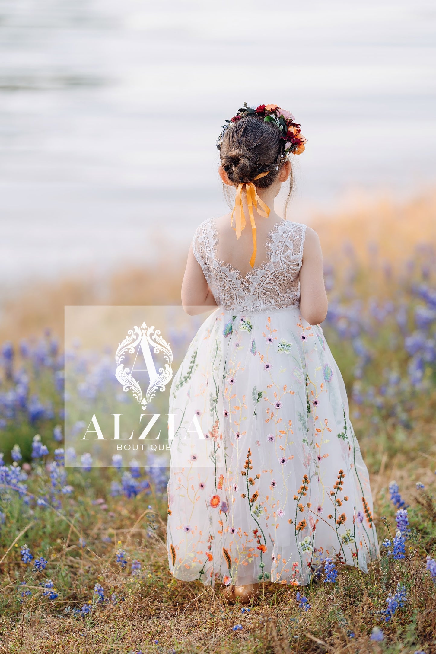 White Embroidered Tulle  Flower Girl Dress/Sleeveless