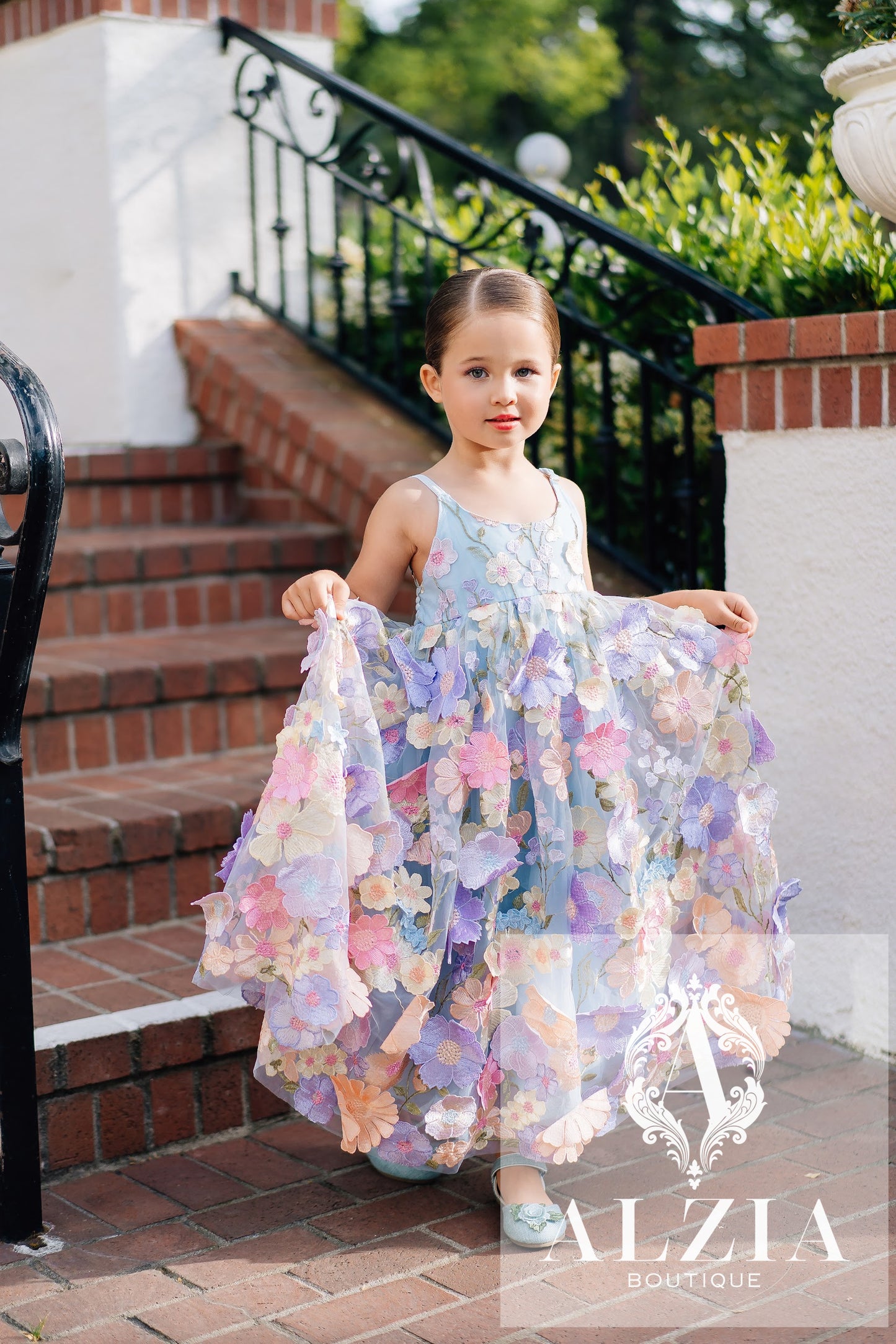 Sky Blue 3D Floral Tulle Flower Girl Dress – Spring Garden Collection