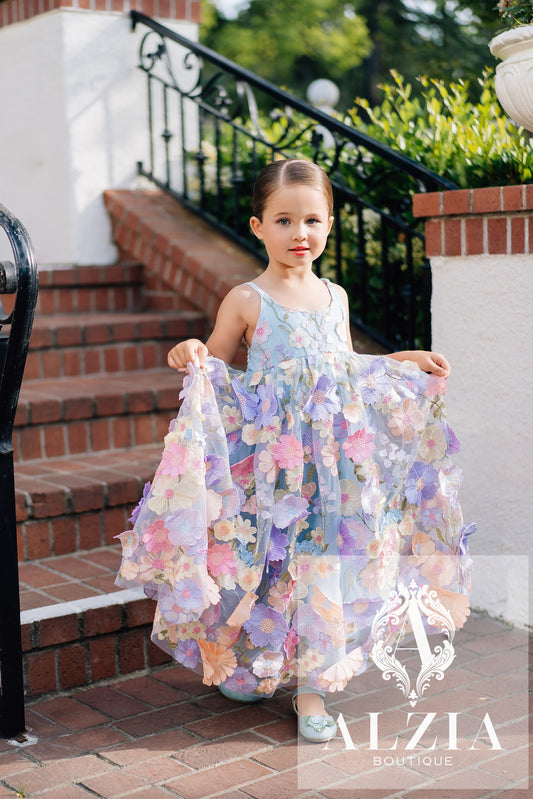 Sky Blue 3D Floral Tulle Flower Girl Dress – Spring Garden Collection