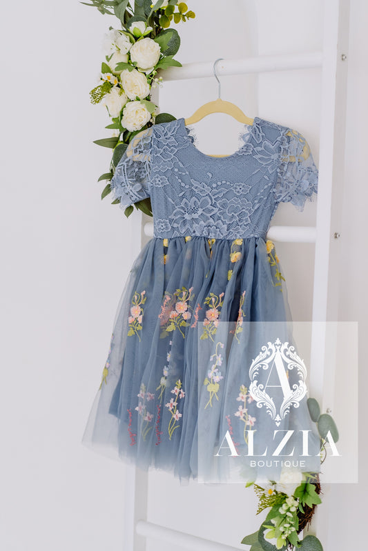 Blue Grey Knee Length  Floral Embroidered Tulle Flower Girl