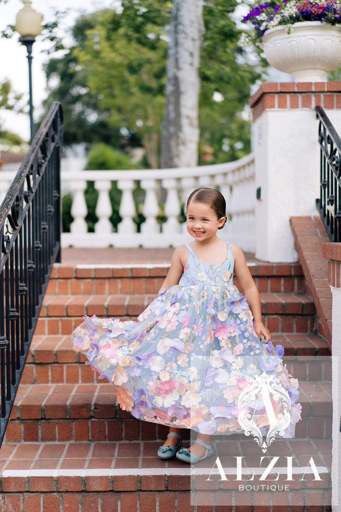 Sky Blue 3D Floral Tulle Flower Girl Dress – Spring Garden Collection