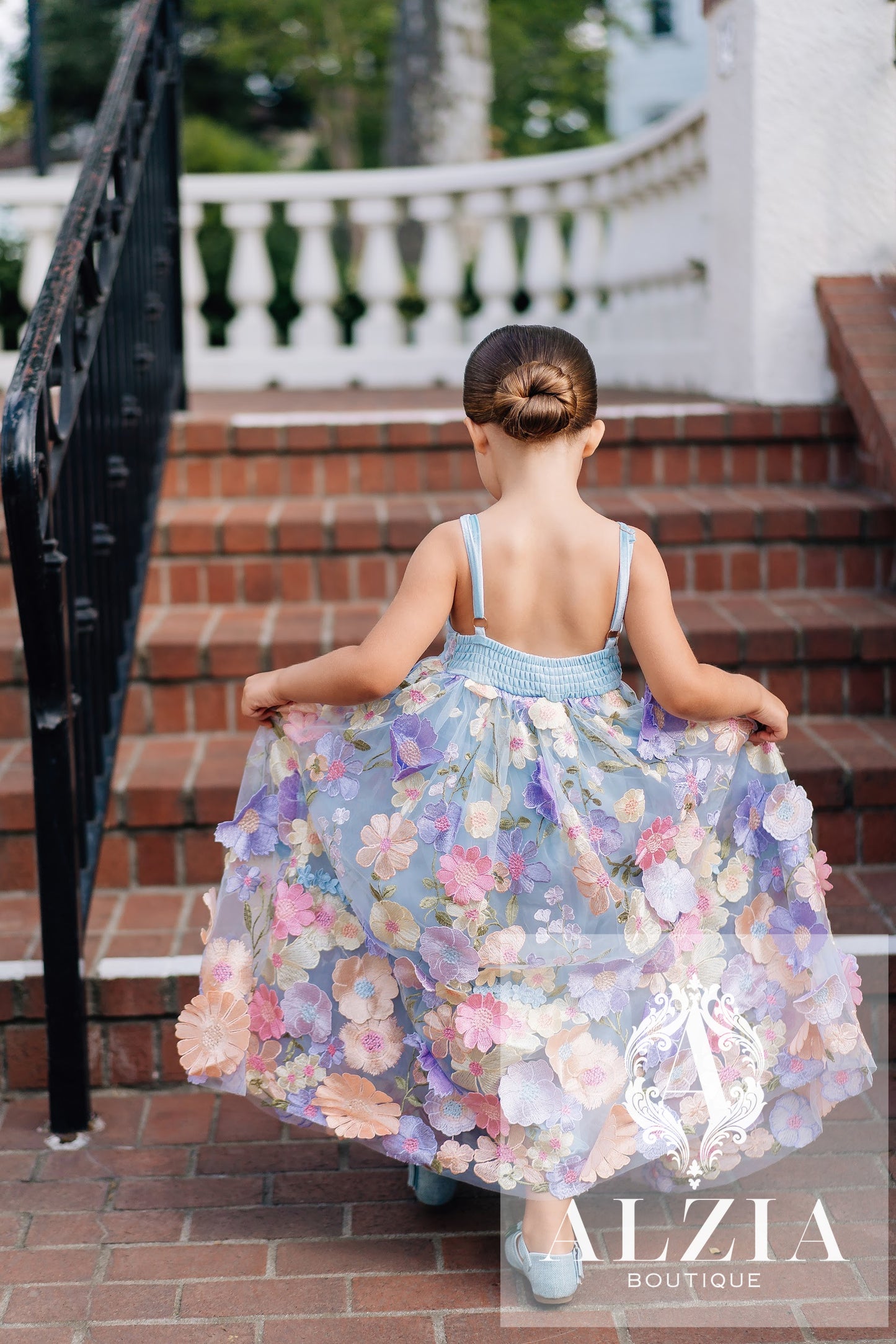 Sky Blue 3D Floral Tulle Flower Girl Dress – Spring Garden Collection