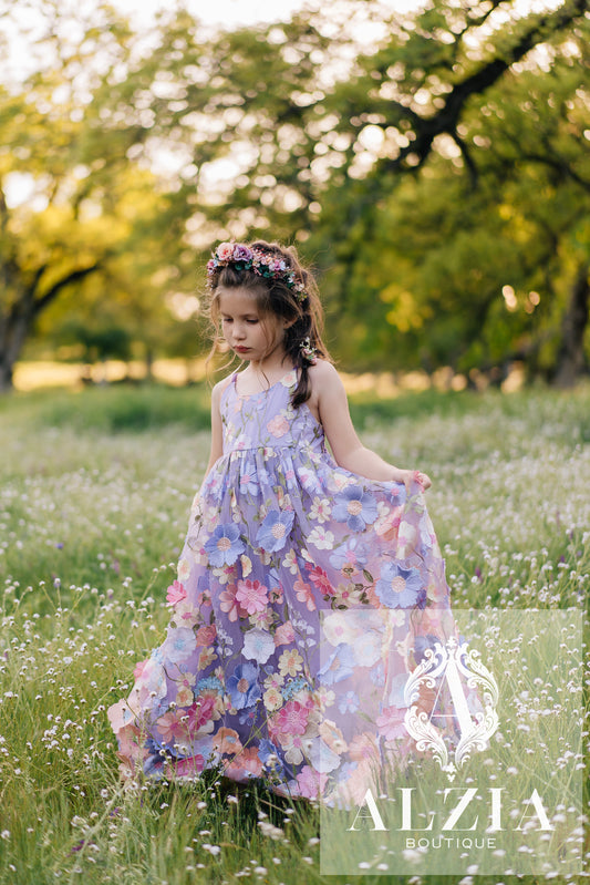 Purple 3D Floral Tulle Flower Girl Dress – Spring Garden Collection