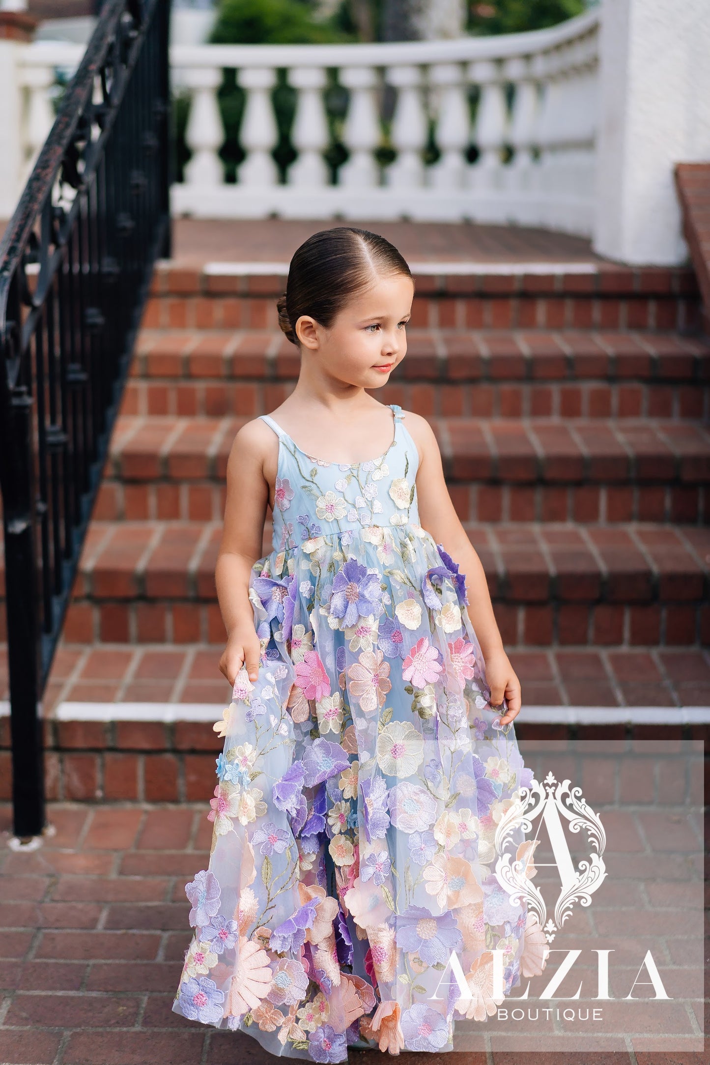 Sky Blue 3D Floral Tulle Flower Girl Dress – Spring Garden Collection