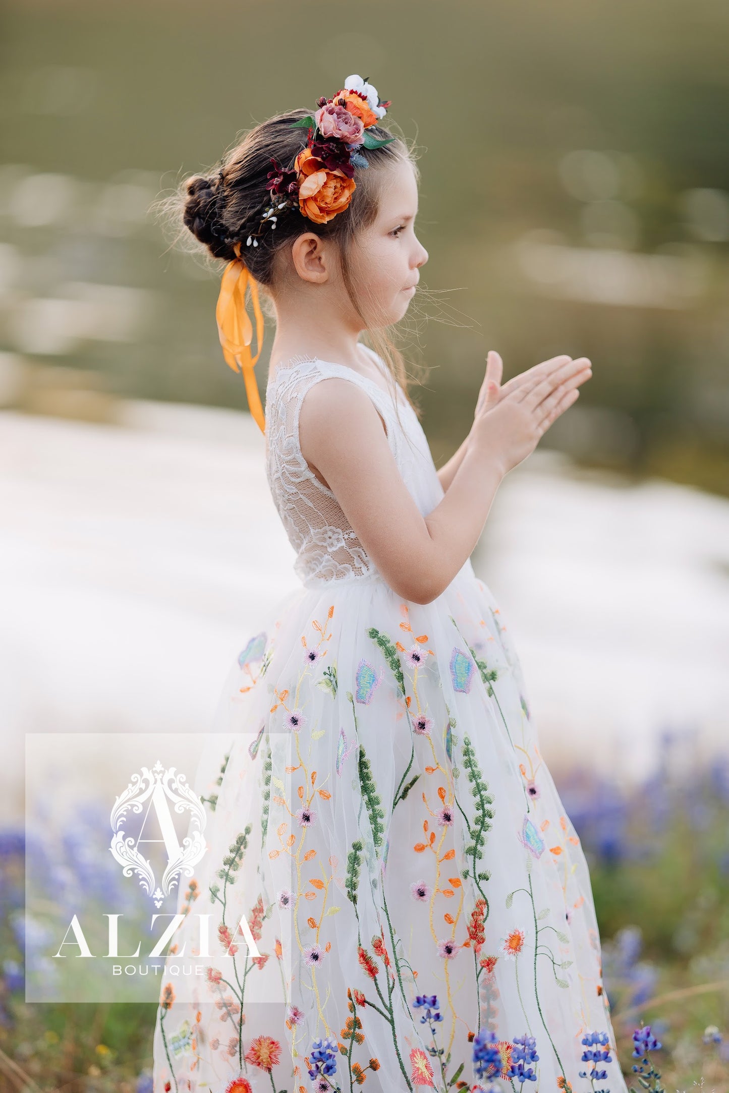 White Embroidered Tulle  Flower Girl Dress/Sleeveless