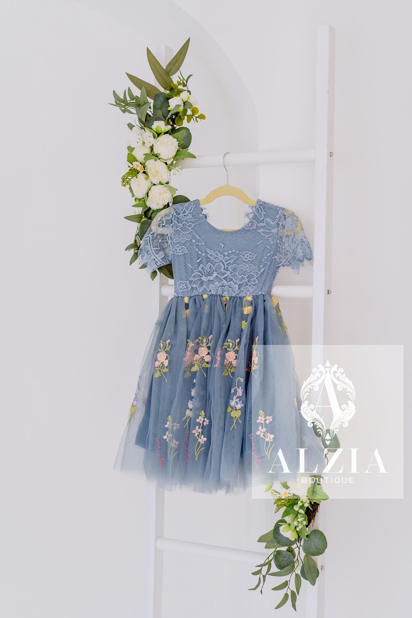 Blue Grey Knee Length  Floral Embroidered Tulle Flower Girl