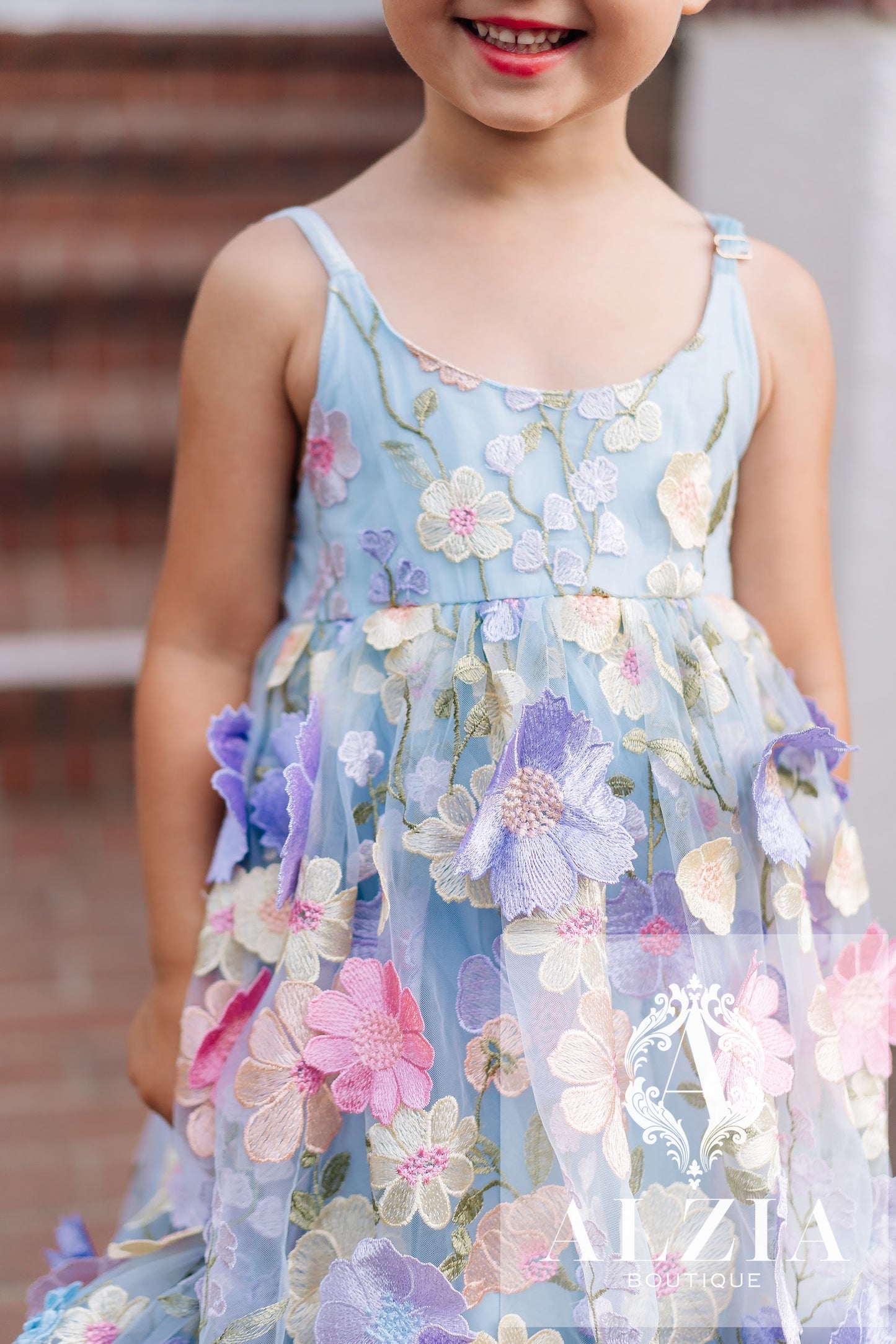 Sky Blue 3D Floral Tulle Flower Girl Dress – Spring Garden Collection