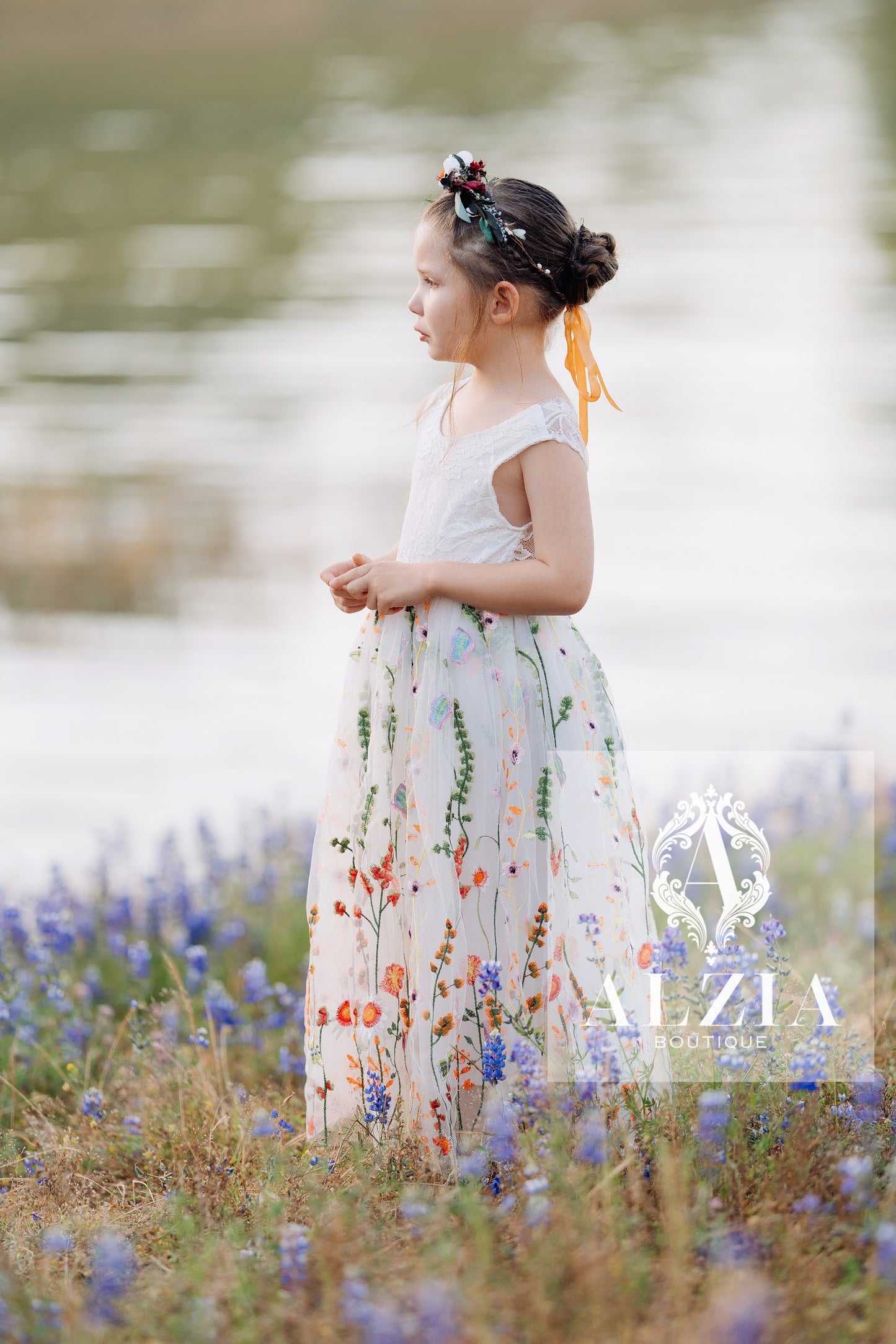 White Embroidered Tulle  Flower Girl Dress/Sleeveless