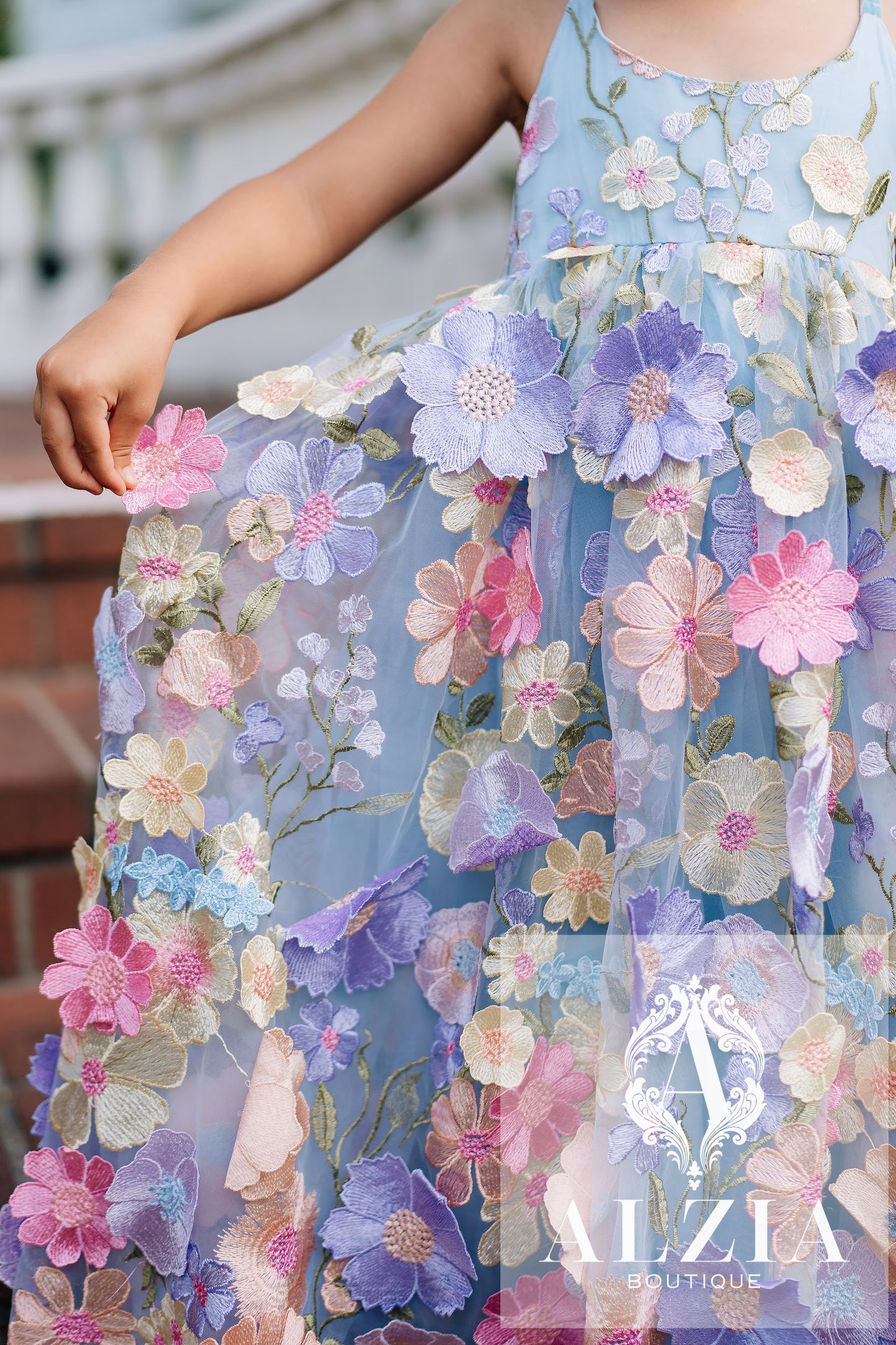 Sky Blue 3D Floral Tulle Flower Girl Dress – Spring Garden Collection