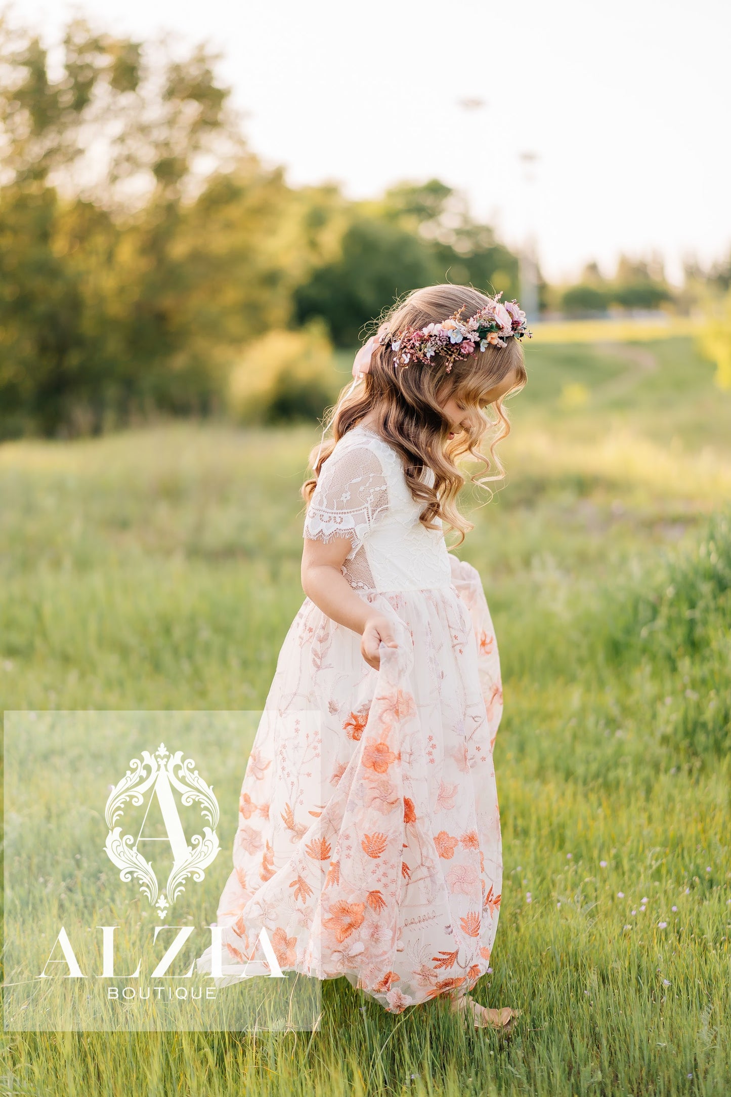 Ivory Champagne Flower Girl Dress | Boho Lace Tulle Dress for Rustic and Outdoor Weddings