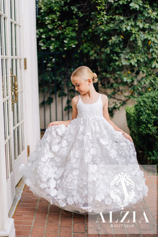White 3D Floral Tulle Flower Girl Dress – Spring Garden Collection